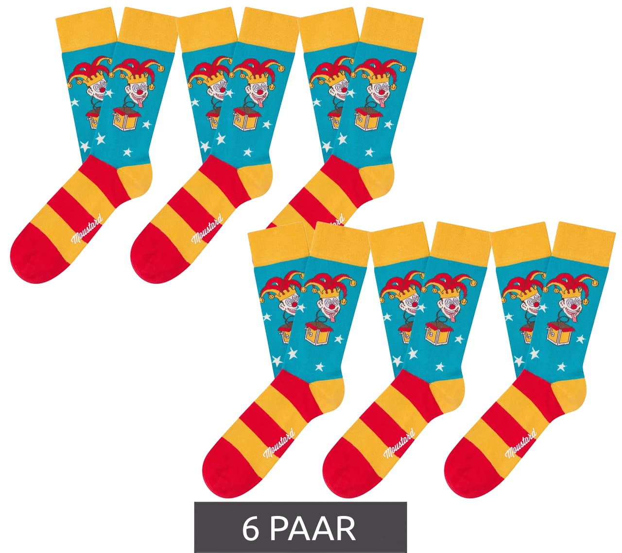 Moustard 6 pares de calcetines de algodón con diseño de diablo y rayas de Jack in the Box en color mostaza, talla 20, color rojo, amarillo y azul