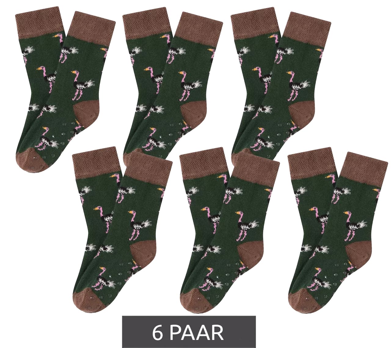 Moustard 6 pares de calcetines de algodón para niños Mustard con estampado integral de avestruz, calcetines para bebé marrón/verde/rosa