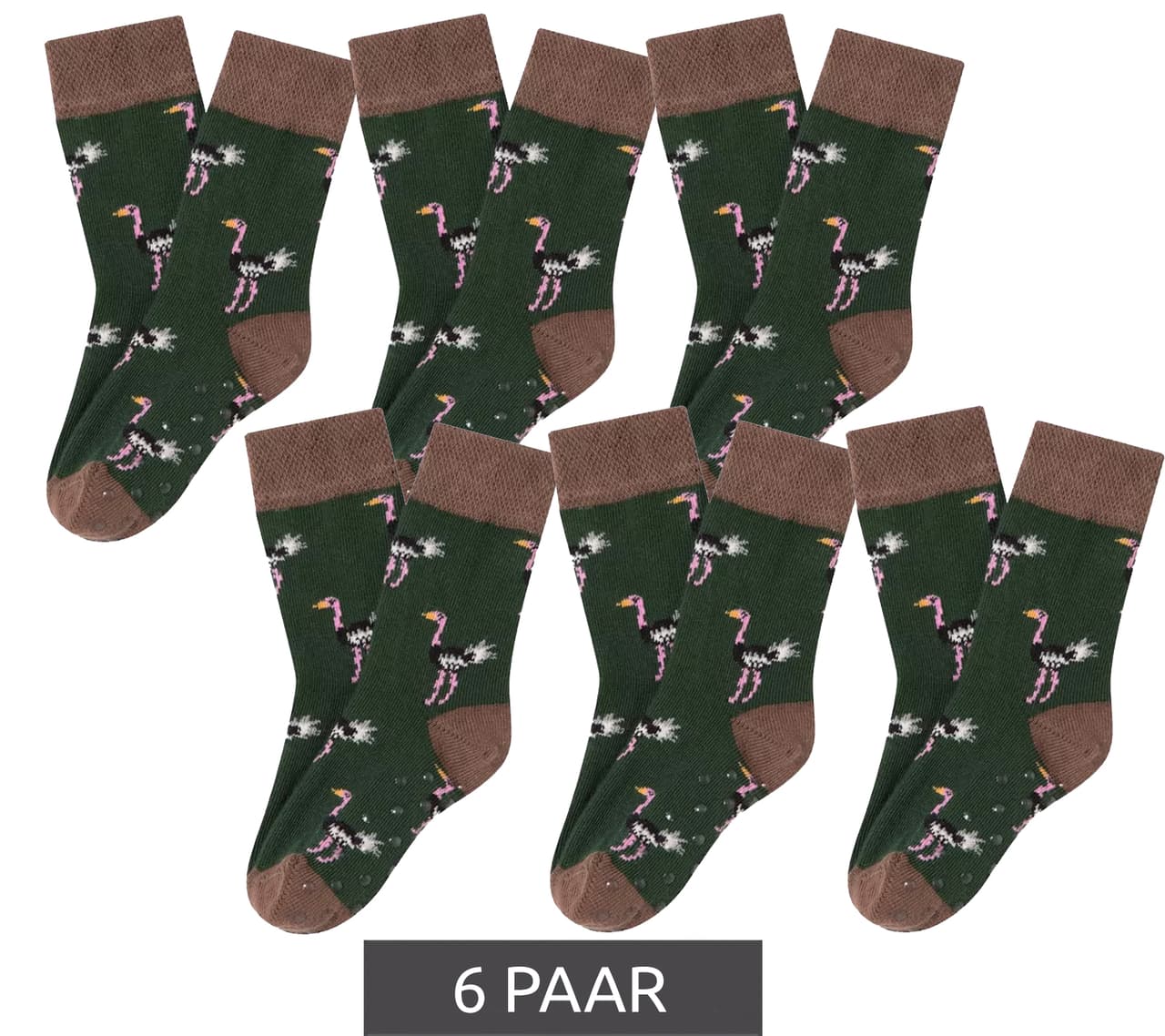 Moustard 6 pares de calcetines de algodón para niños con estampado integral de avestruz, calcetines para bebé marrón claro/verde/rosa