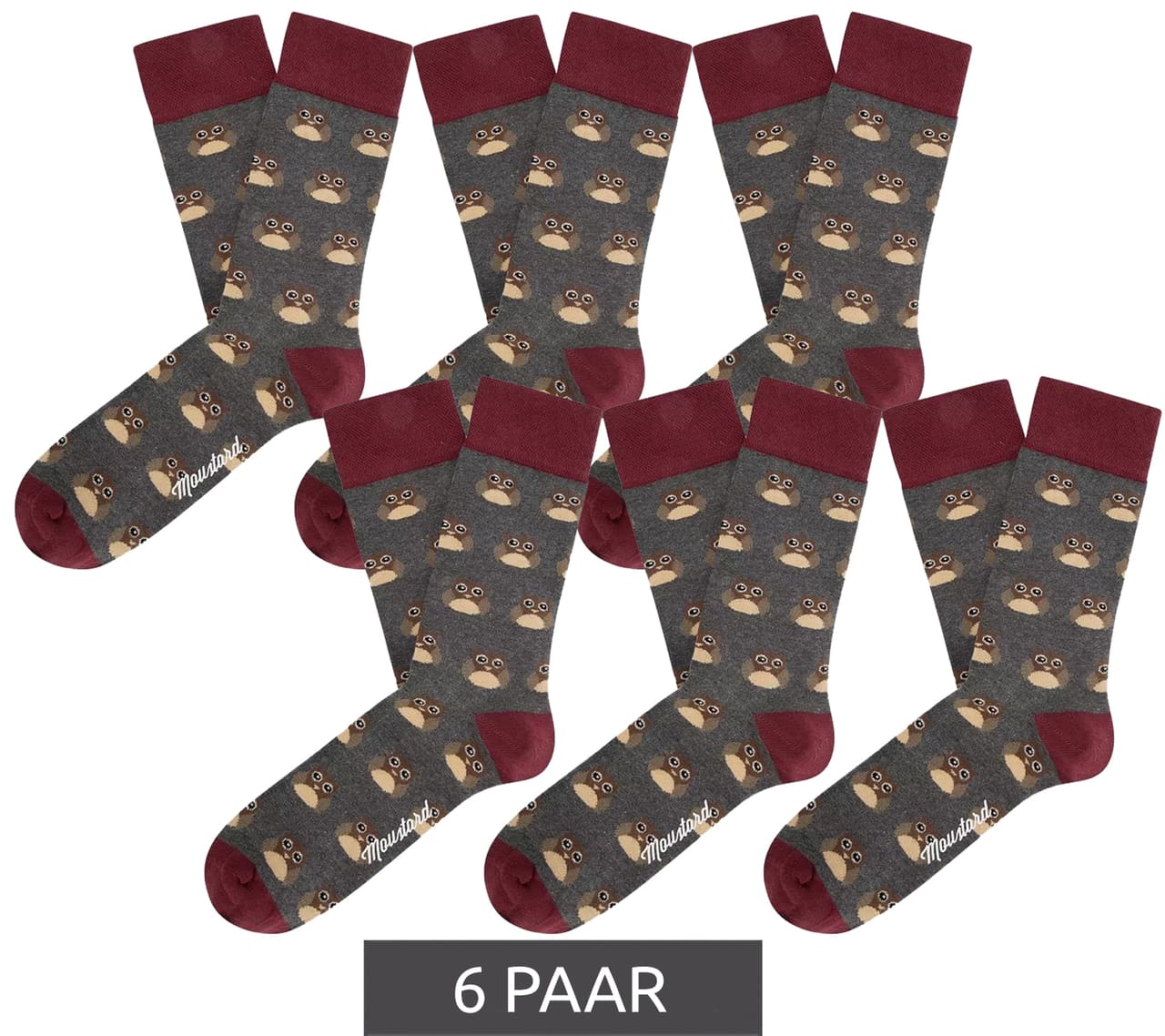 Moustard 6 pares de calcetines de algodón Mustard Owl con estampado de búho por todas partes, calcetines largos gris/rojo/beige