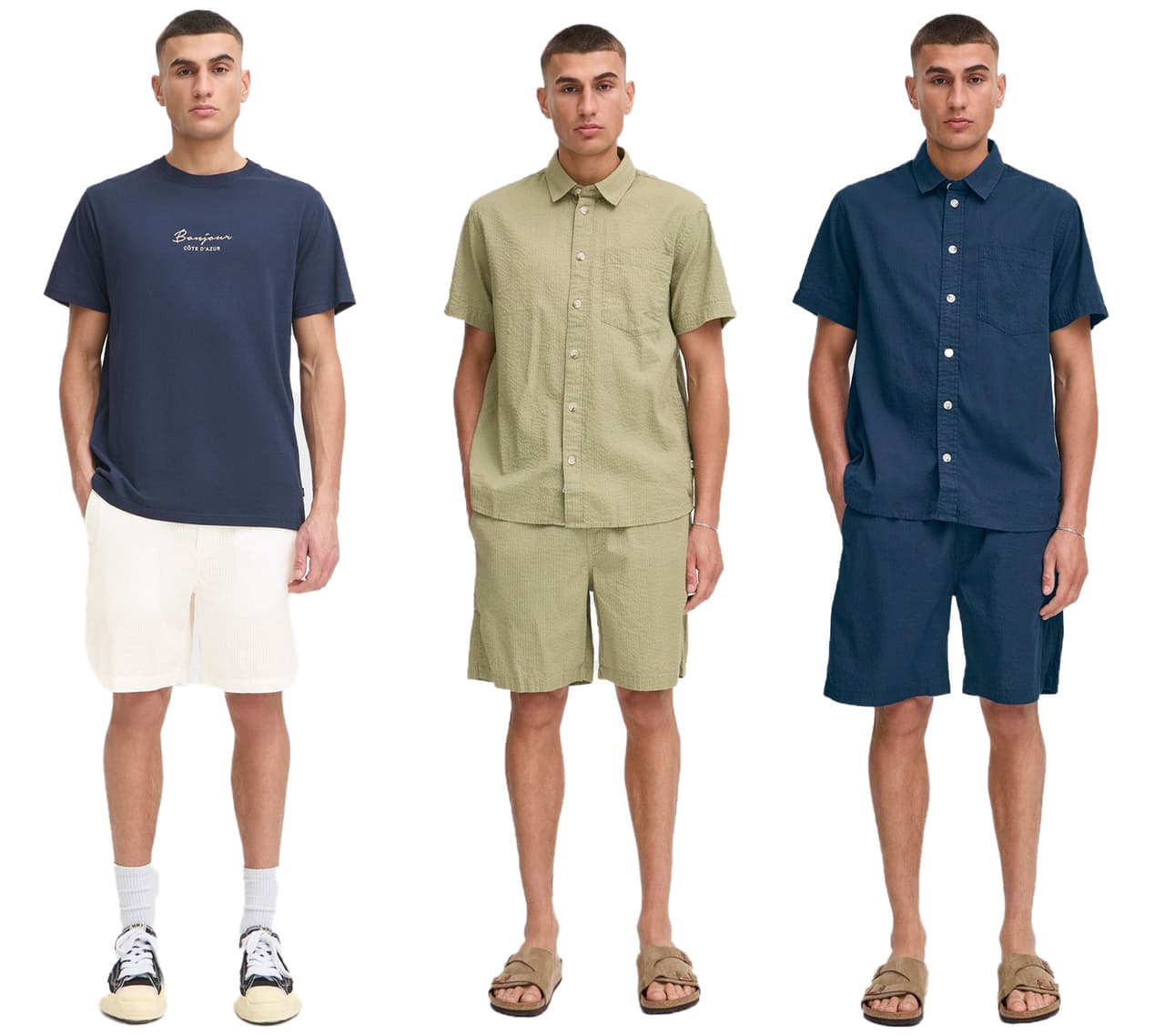 Solid Pantalones cortos clásicos SDLiam de seersucker para hombre con detalle de etiqueta, estilo casual (21108637), disponibles en verde, blanco o azul.