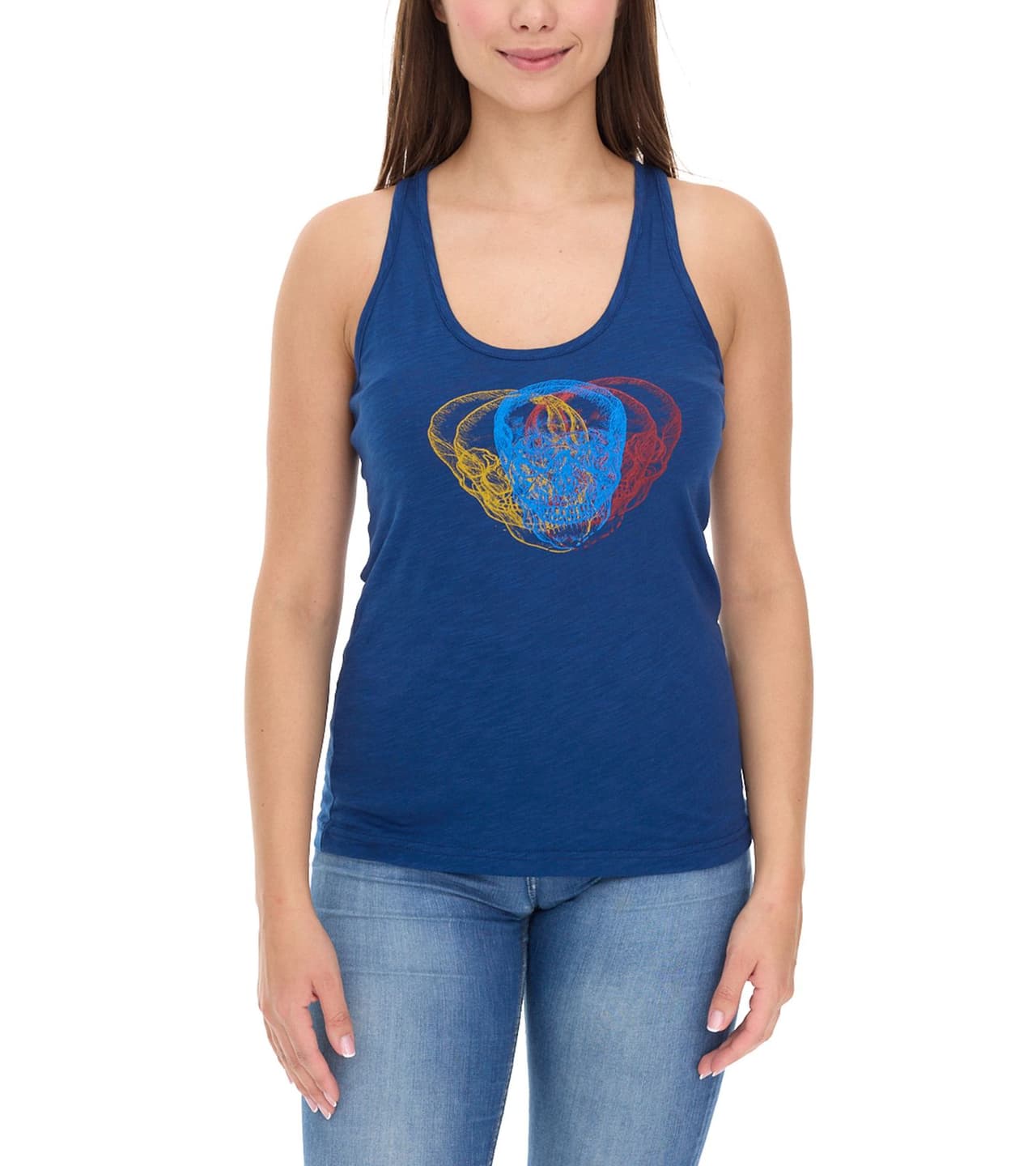 Rockupy Camiseta de tirantes para mujer con estampado de calavera de algodón, camisa de verano azul oscuro