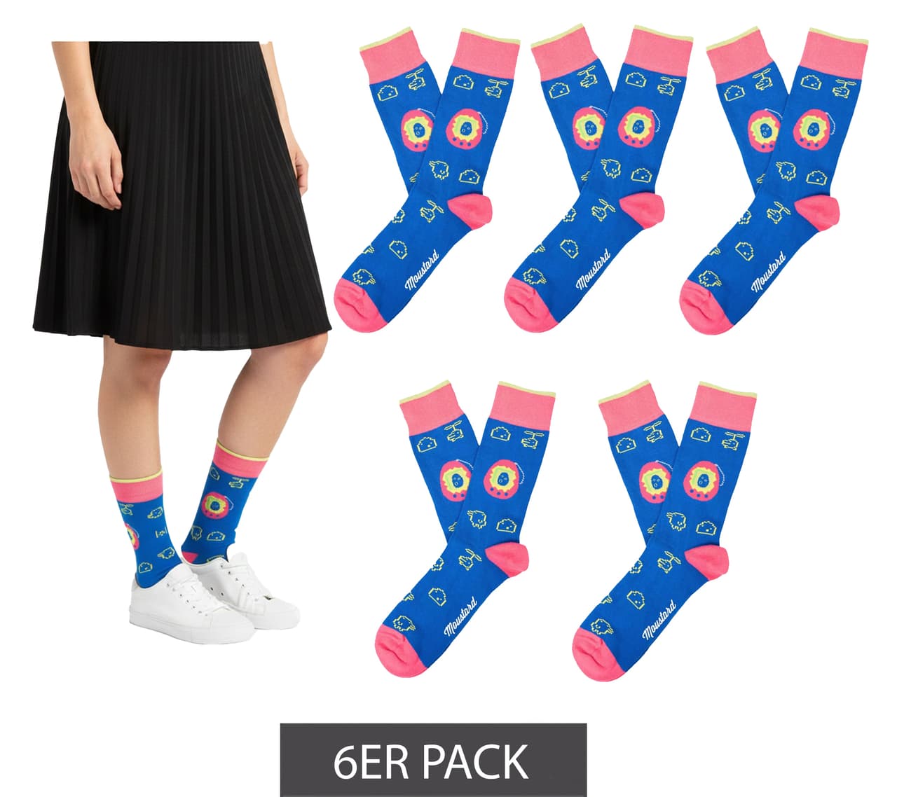 Moustard 6 pares de calcetines de algodón Digipet color mostaza con diseño Tamagotchi, medias largas con estampado de juego retro azul oscuro/rosa/amarillo