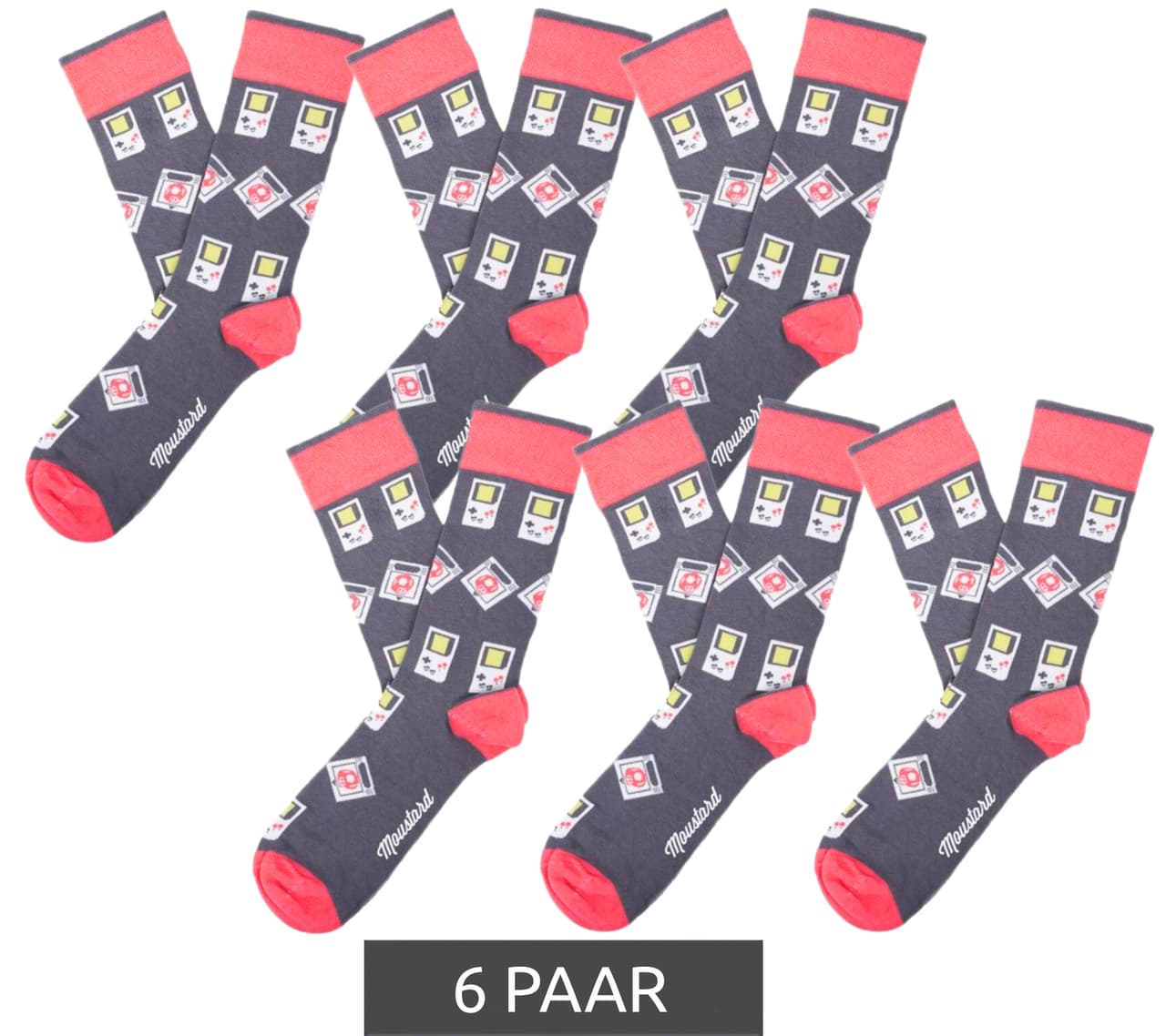 Moustard 6 pares de calcetines de algodón color mostaza con diseño de juego retro Calcetines largos a rayas Gameboy Gris/Rosa/Blanco