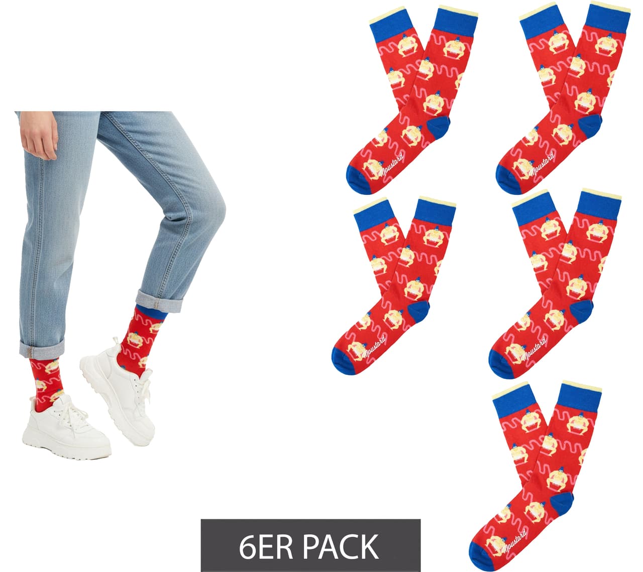 Moustard 6 pares de calcetines de algodón Mustard Sumo con estampado de luchadores de sumo, calcetines largos rojo/azul