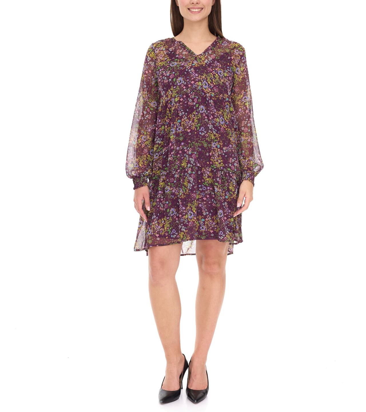 Aniston Vestido informal para mujer con estampado floral de manga larga Morado/Amarillo/Verde
