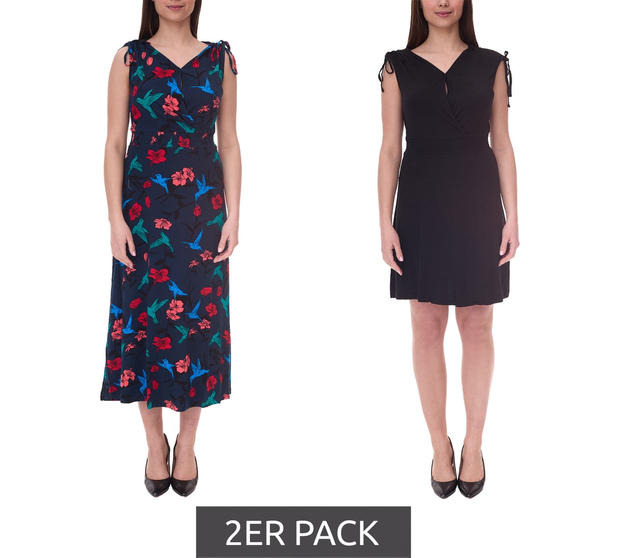 AjC Pack de 2 vestidos de verano para mujer de vestido largo con estampado floral integral y minivestido sencillo negro/azul