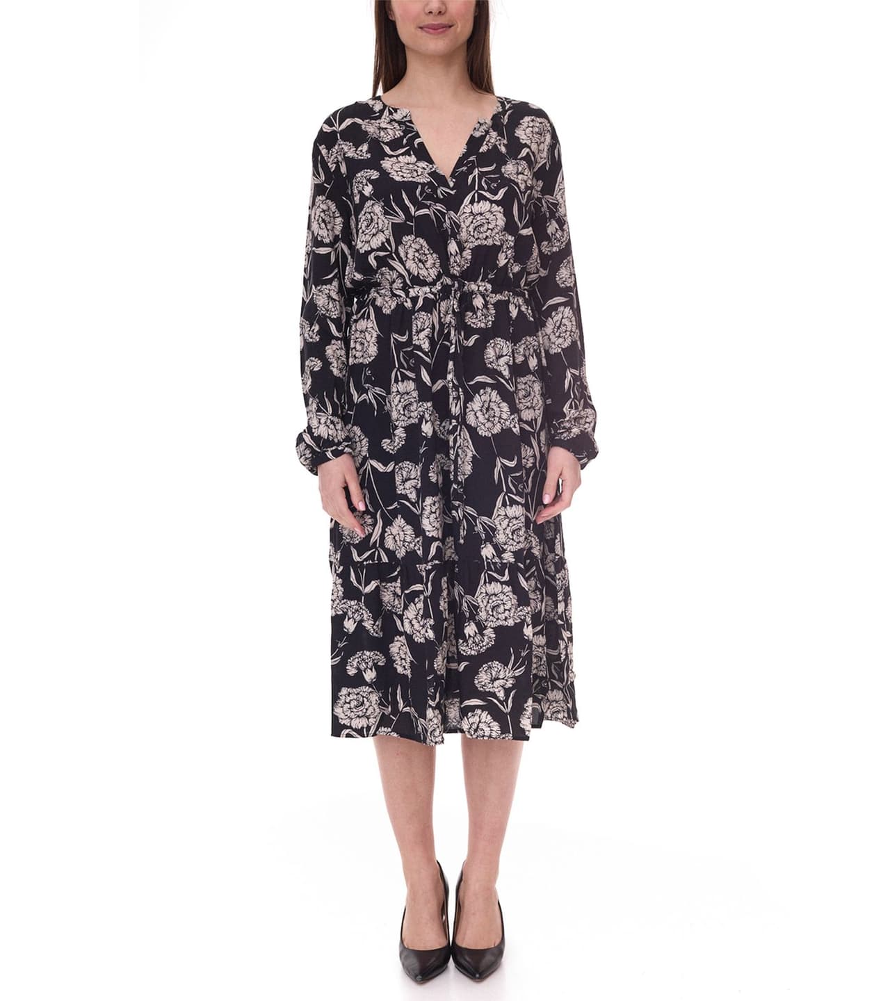 Tamaris Vestido midi de mujer con mangas largas y escote en pico Negro/Beige