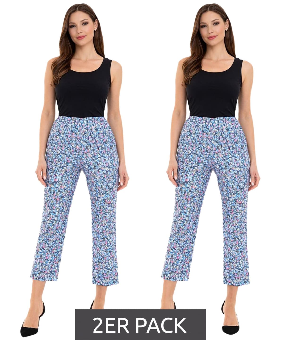 Aniston Pack de 2 pantalones 7/8 de mujer CASUAL, pantalón casual de verano con estampado floral, paquete económico azul