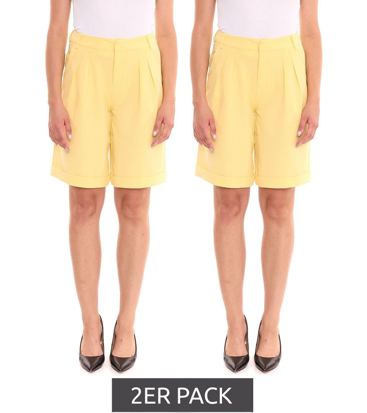 AjC Pack de 2 pantalones cortos de traje para mujer pantalones cortos elegantes en paquete económico, bermudas modernas de pernera ancha amarillo