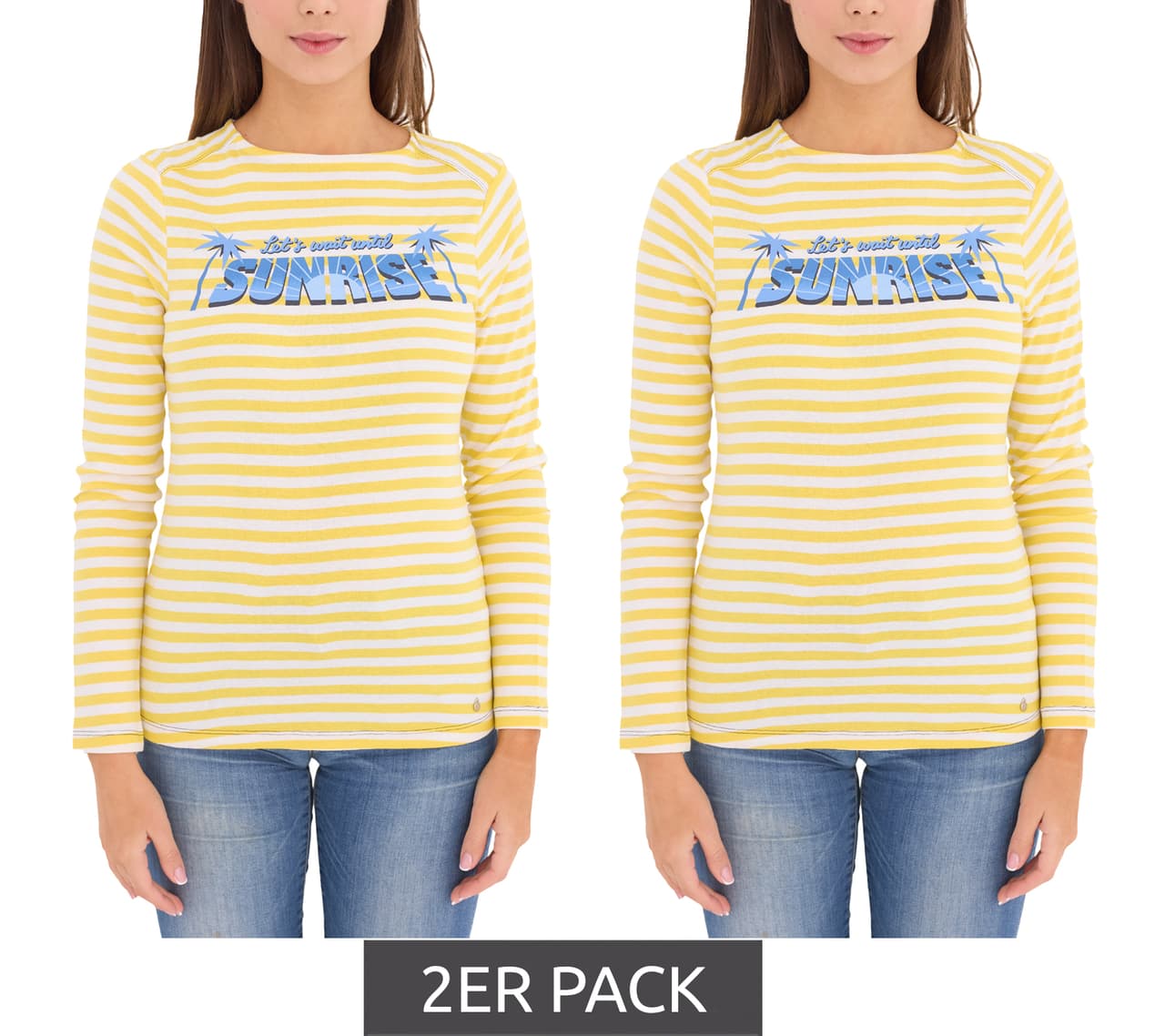 AjC Pack de 2 camisas de mujer de manga larga a rayas de algodón con estampado frontal paquete económico amarillo/blanco/azul