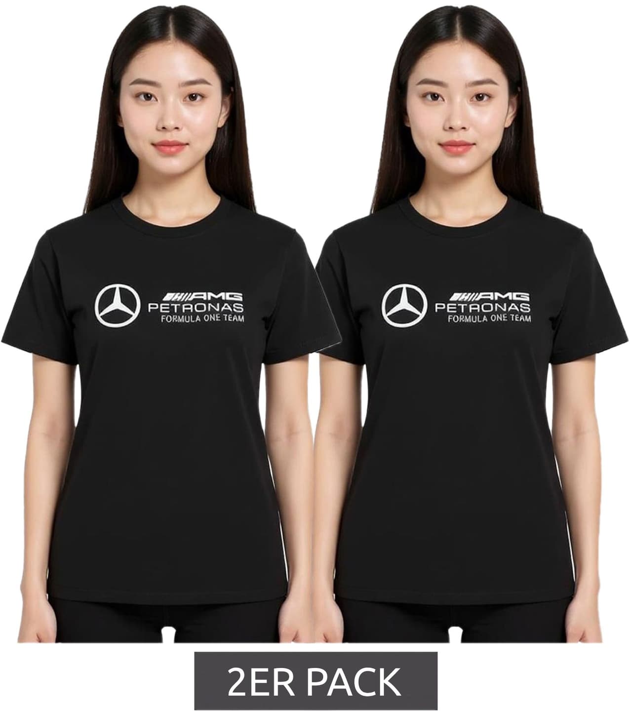 Mercedes-Benz Pack de 2 camisetas AMG Petronas F1 MAPF para mujer, de algodón con logo grande, manga corta, color negro (701227045 001)
