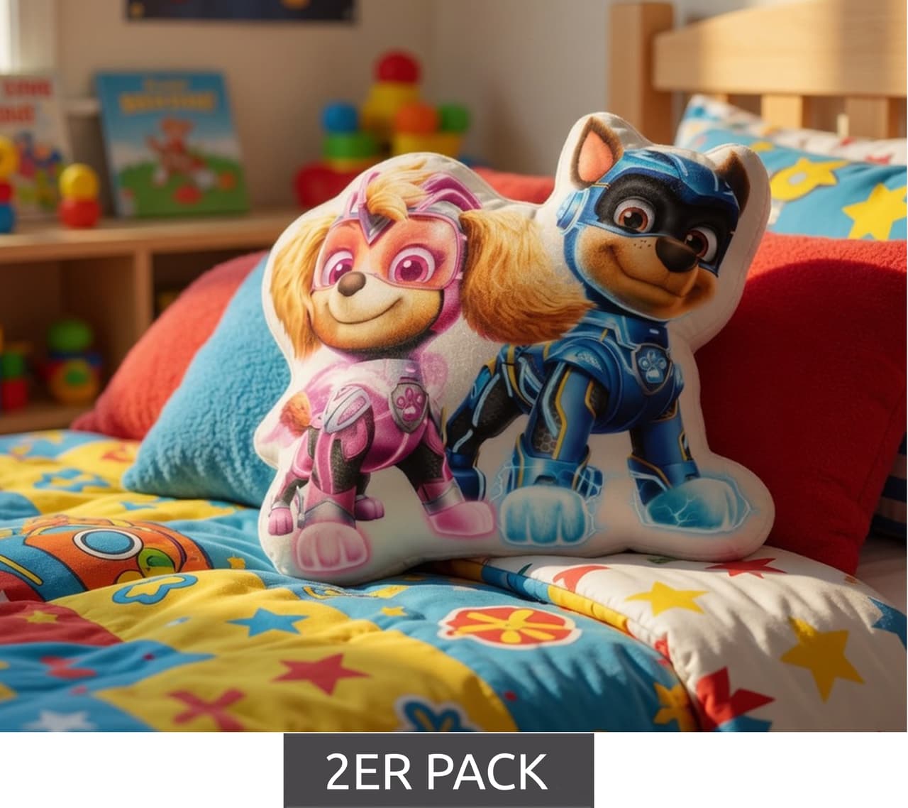nickelodeon Pack de 2 almohadas infantiles de PAW PATROL Mighty Pups con forma de Skye y Chase, 30x24 cm, gris/rosa/azul
