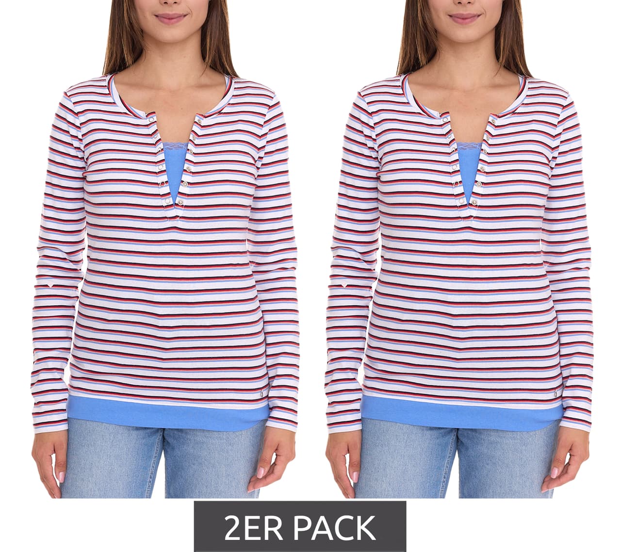AjC Pack de 2 camisetas de mujer de manga larga con encaje, camisa de algodón que realza la figura blanco/azul/rojo
