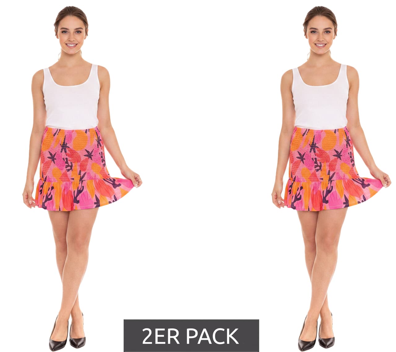 AjC Pack de 2 minifaldas de mujer falda de verano fruncida falda de playa naranja/rosa/rojo/morado