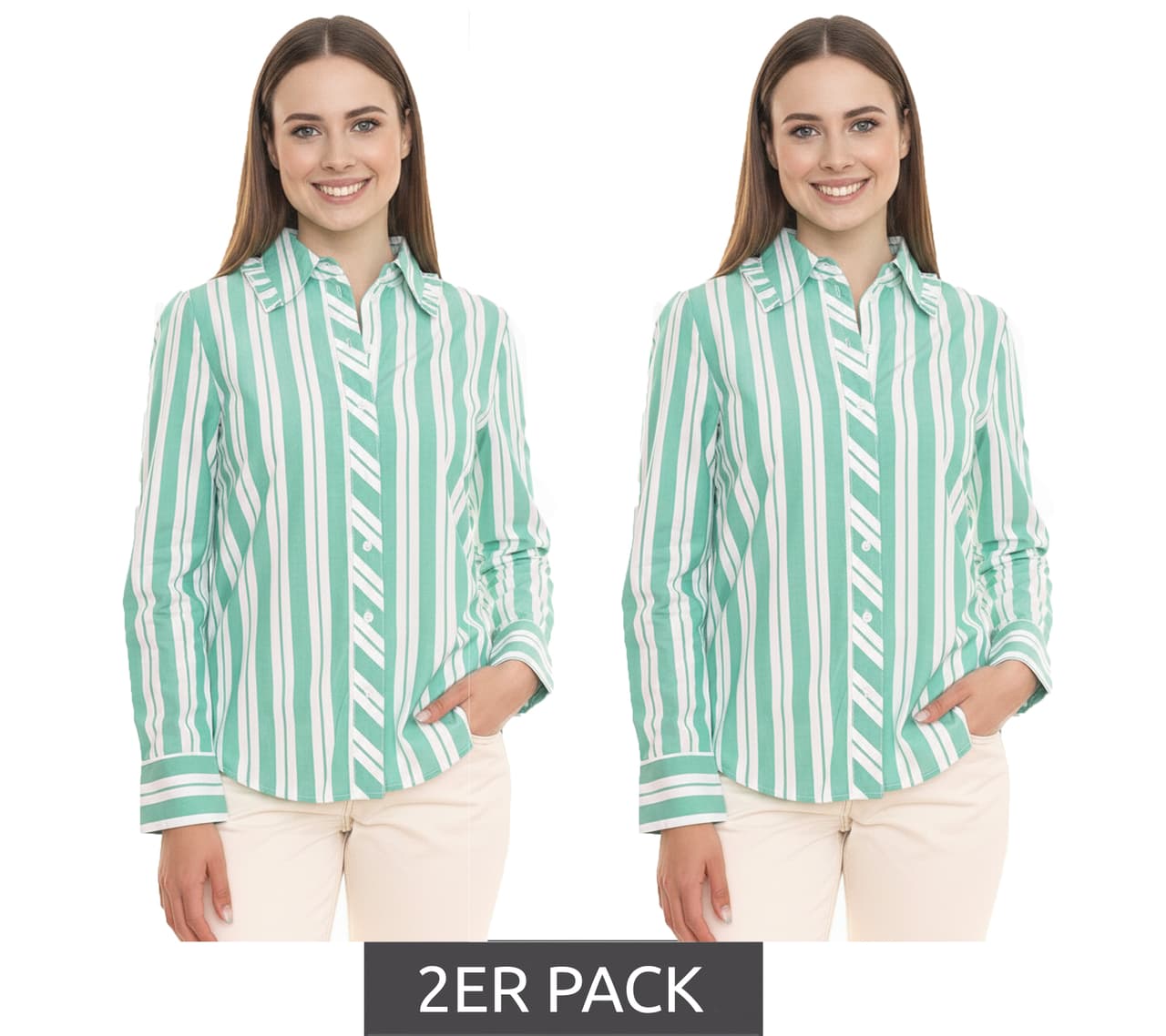 AjC Pack de 2 blusas de mujer camisa de manga larga a rayas de algodón con pequeños volantes verde/blanco