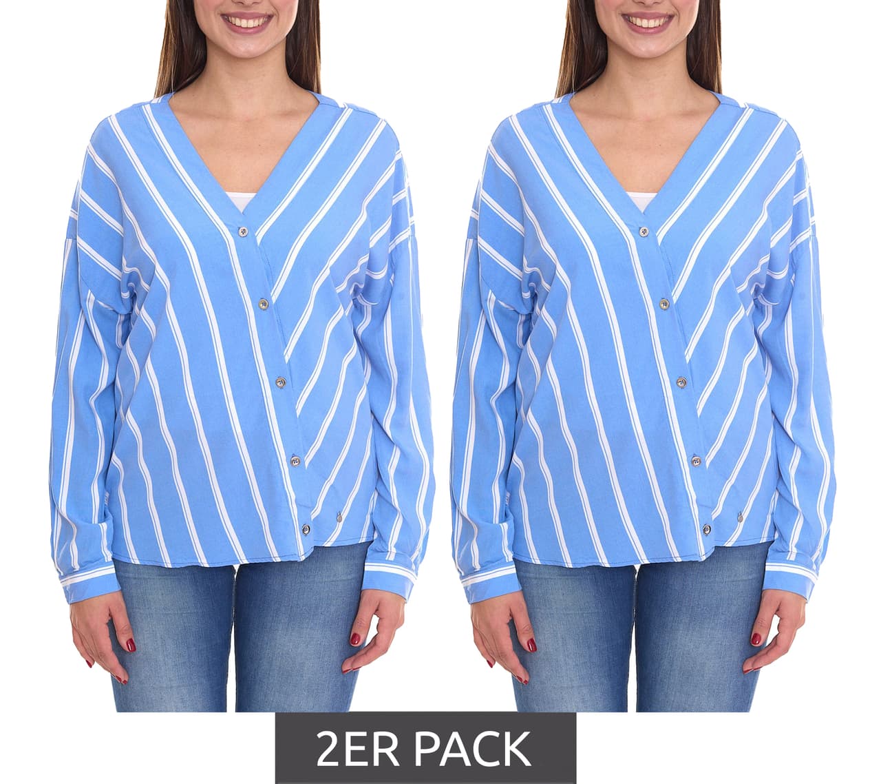 AjC Pack de 2 blusas sin cordones para mujer blusa sostenible con cuello en V, a rayas azul/blanco