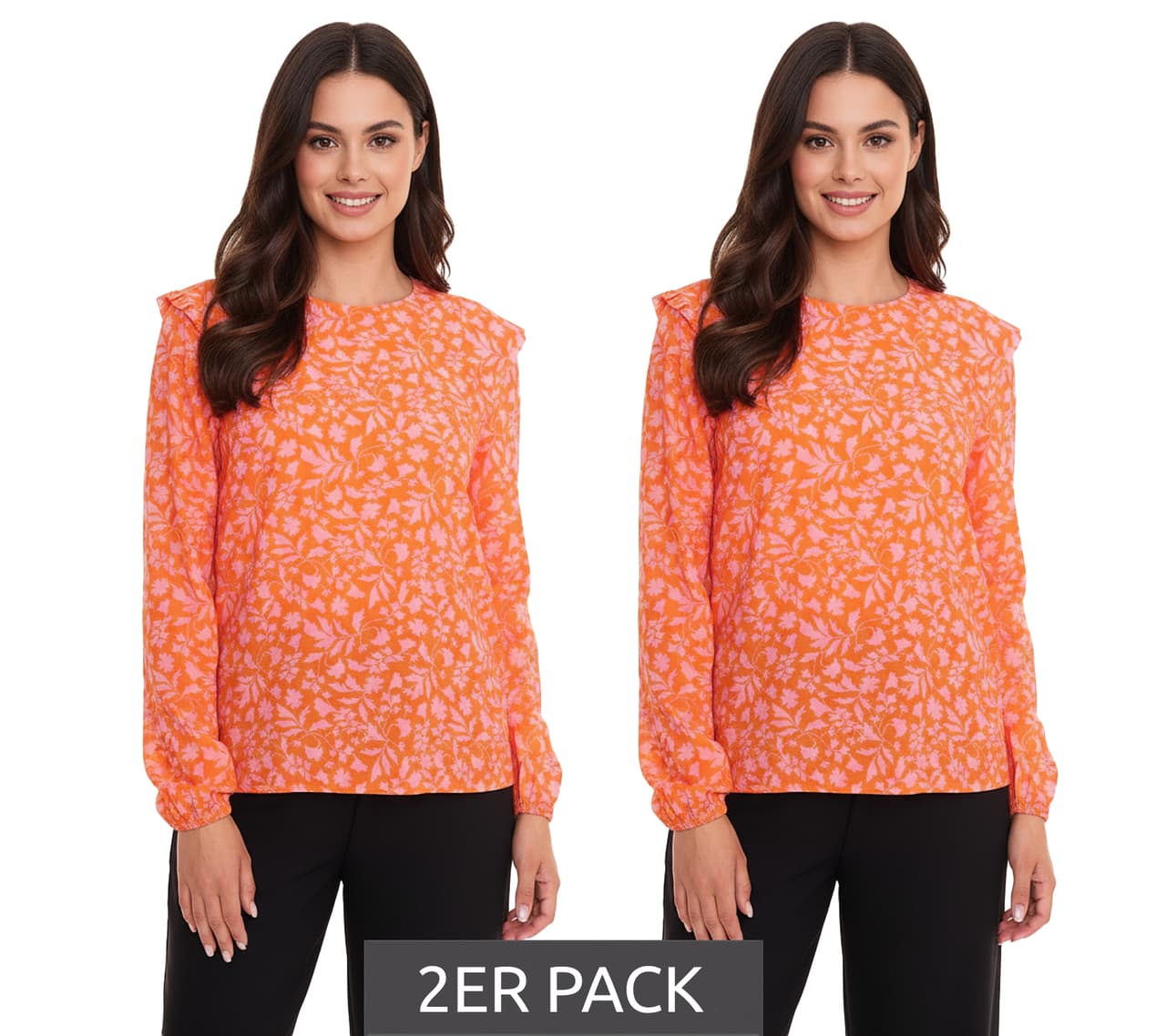 Tamaris Pack de 2 blusas blusa de mujer de manga larga con estampado floral y pequeños volantes naranja/rosa