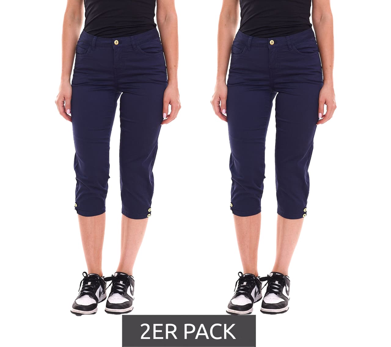 Delmao Pack de 2 pantalones de verano para mujer elegantes pantalones de algodón, hasta la rodilla azul