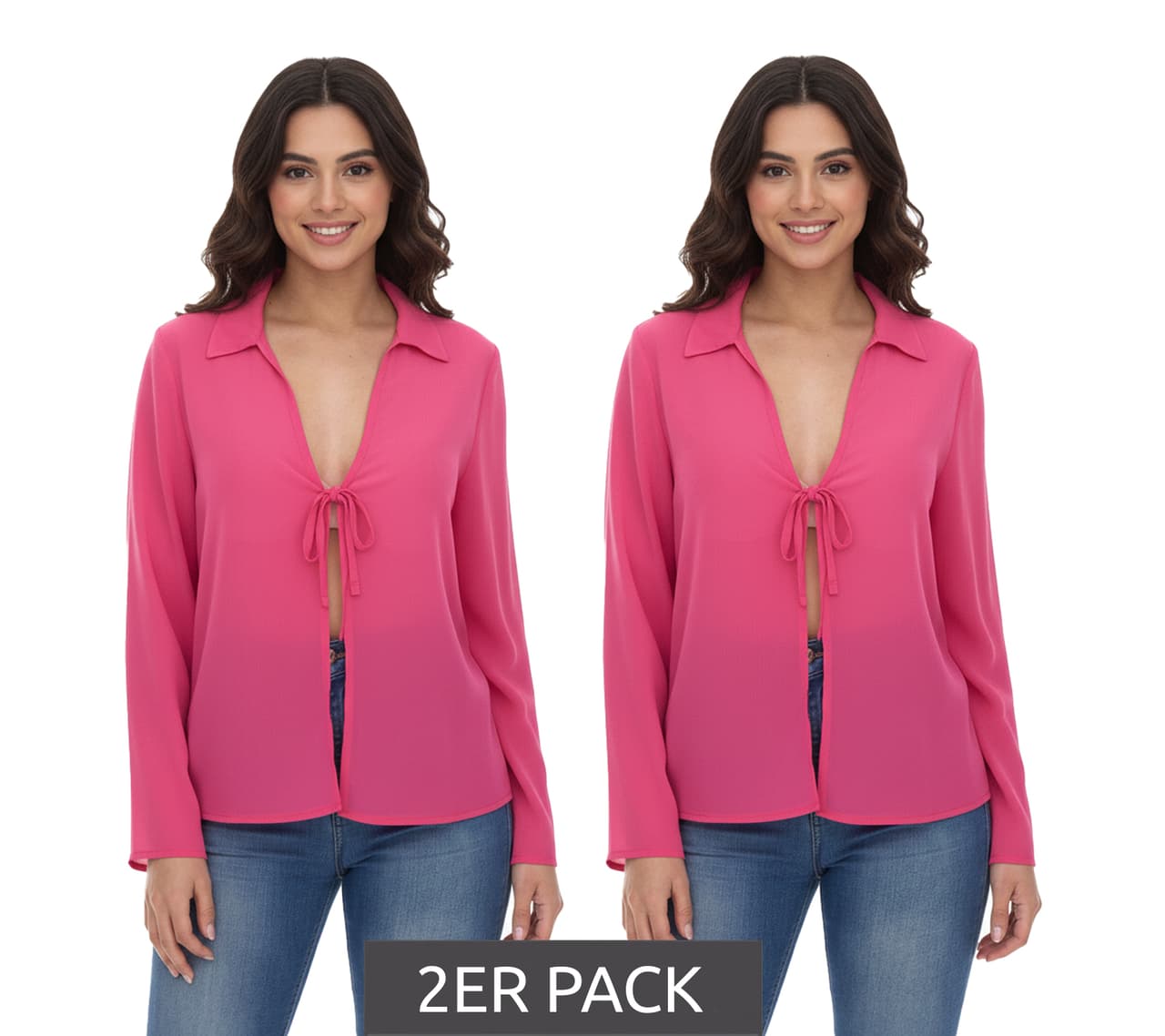 Aniston Pack de 2 blusas de mujer SELECTED de manga larga con lazo y aspecto arrugado rosa
