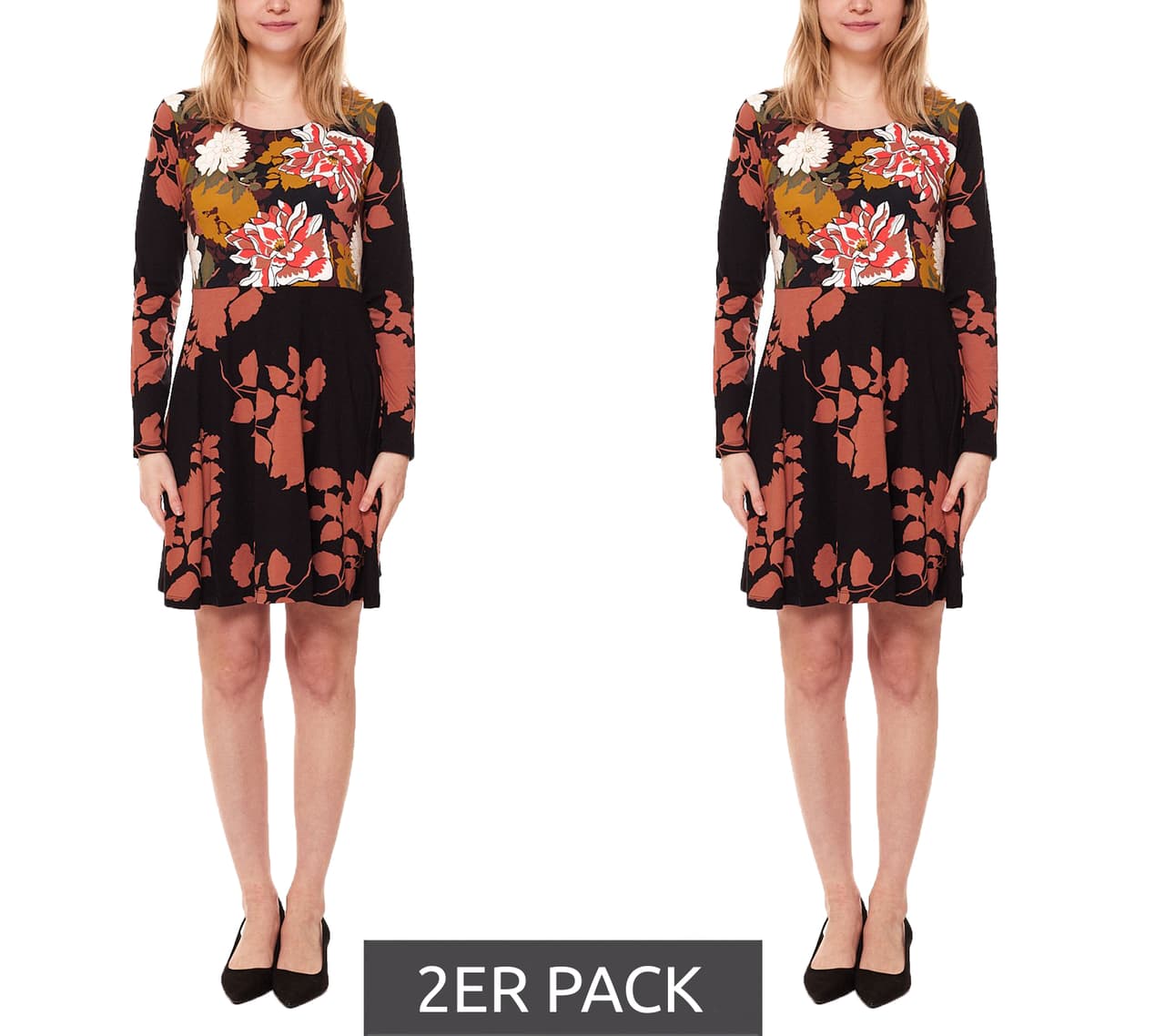 Aniston Pack de 2 minivestidos informales para mujer, vestido de punto con estampado floral, 68471124, negro/colorido