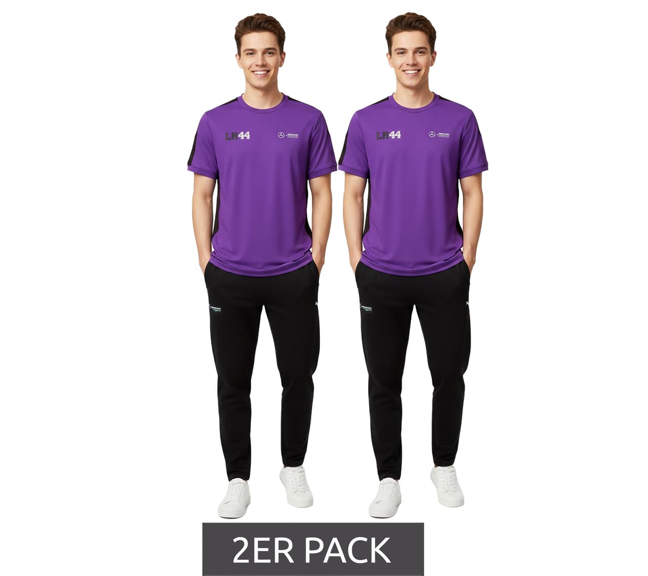 Mercedes-Benz Pack de 2 camisetas básicas para hombre AMG Petronas F1 MAPF1 FW George Russell con estampado LH44 Everyday Shirt Morado
