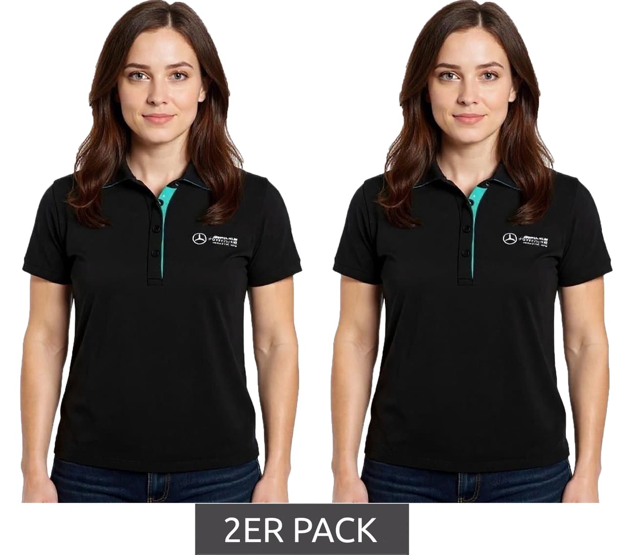 Mercedes-Benz Pack de 2 polos AMG Petronas F1 MAPF1 de algodón para mujer, con logotipos del equipo y detalles de color, manga corta, 001, negro
