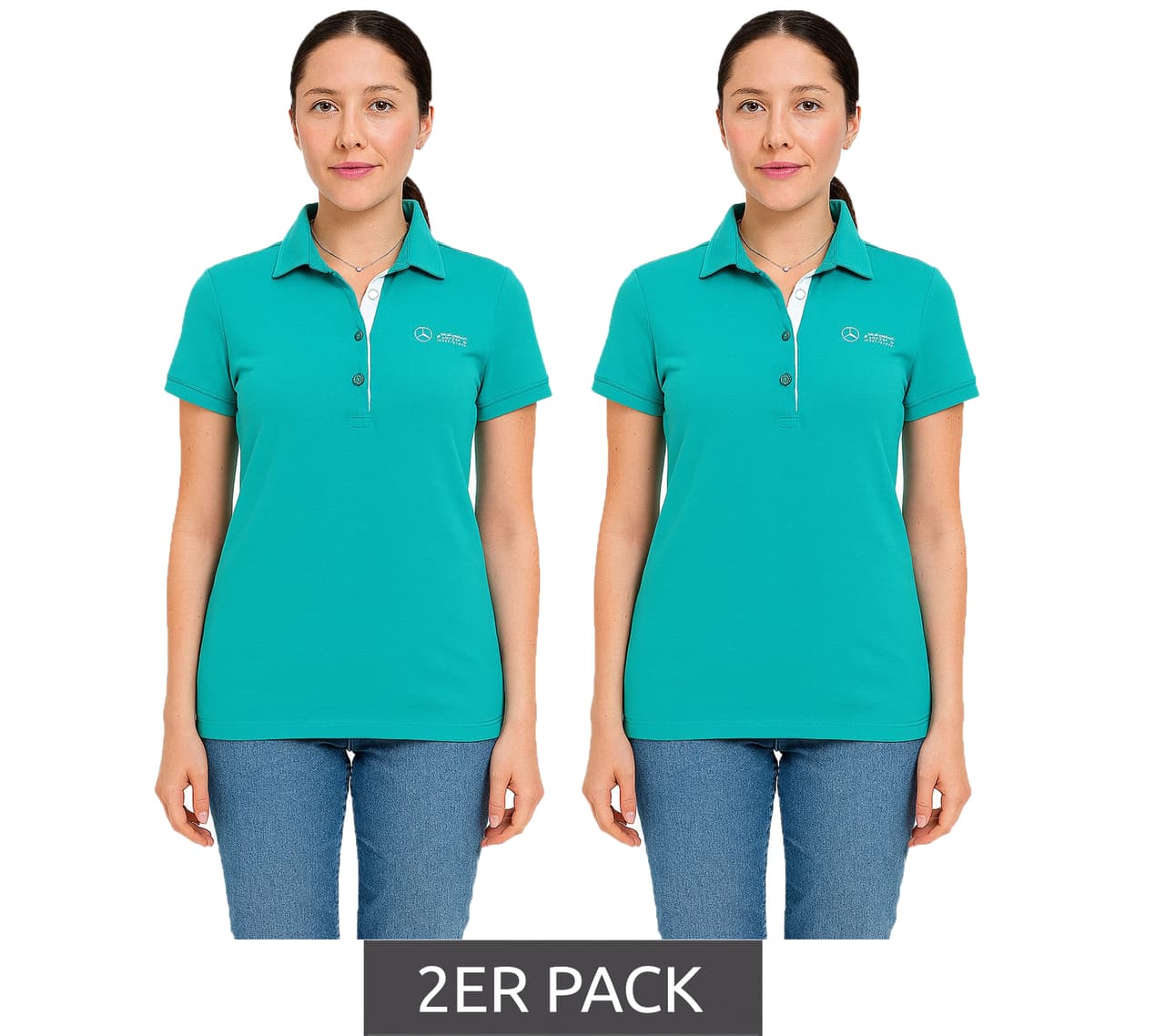 Mercedes-Benz Pack de 2 polos AMG Petronas F1 MAPF1 de algodón para mujer, con logotipos del equipo y detalles de color, manga corta, Turquesa-Verde