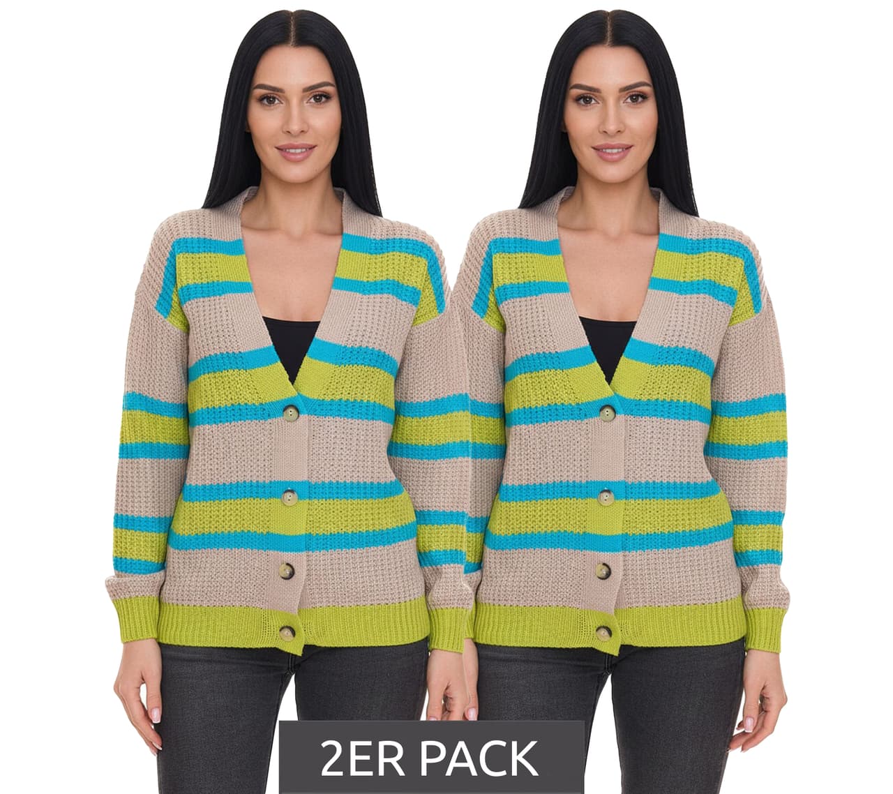 Aniston Pack de 2 cárdigans de mujer CASUAL de punto con cierre de botones beige/azul/verde