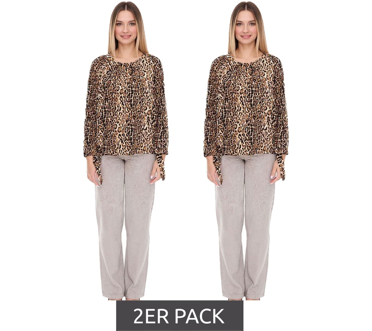 vestino Pack de 2 Blusas Carmen de mujer con hombros descubiertos y estampado de leopardo (900319) Beige/Negro