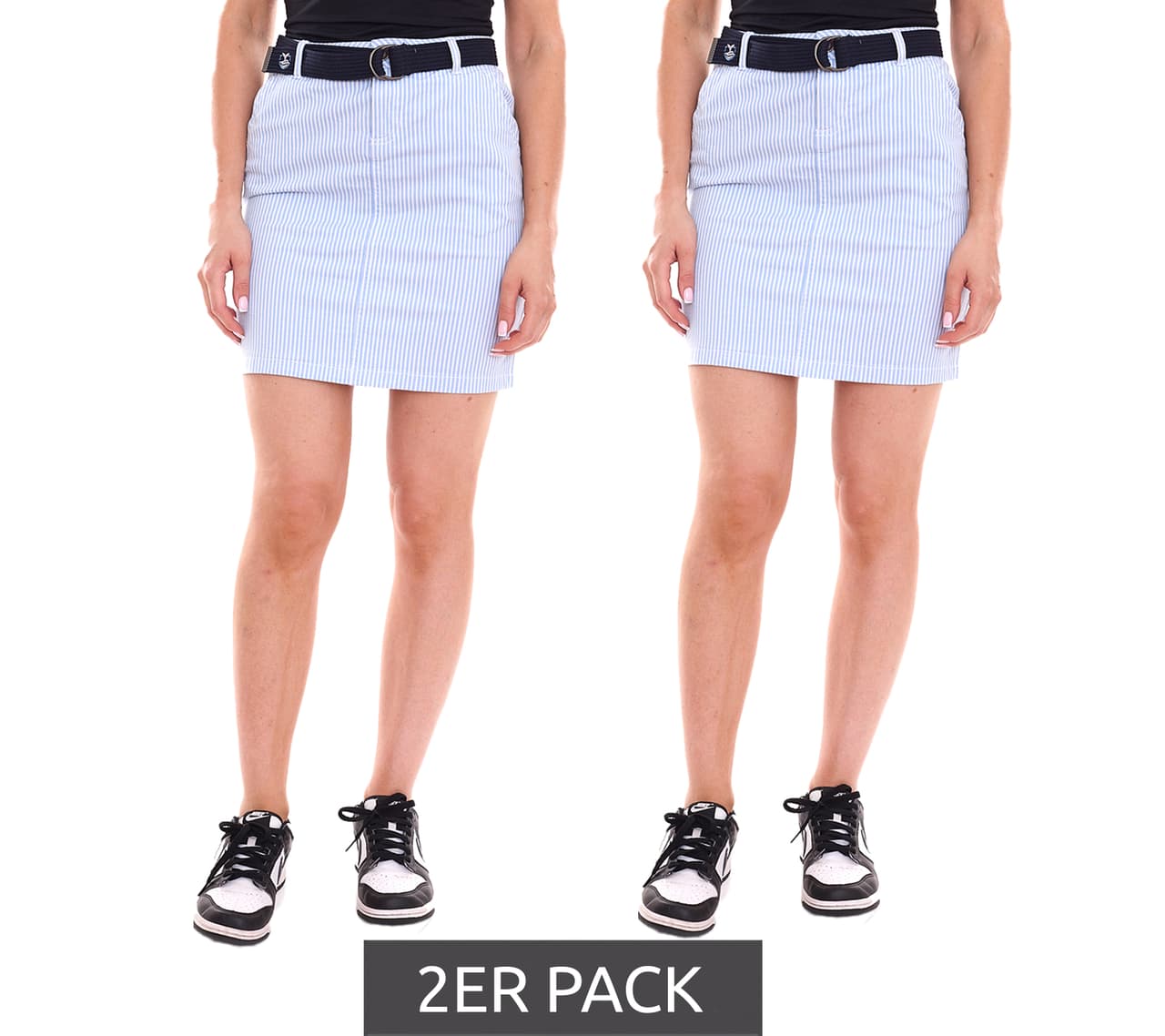 Delmao Pack de 2 faldas de mujer hasta la rodilla con aspecto de rayas, falda de verano con cinturón azul/blanco