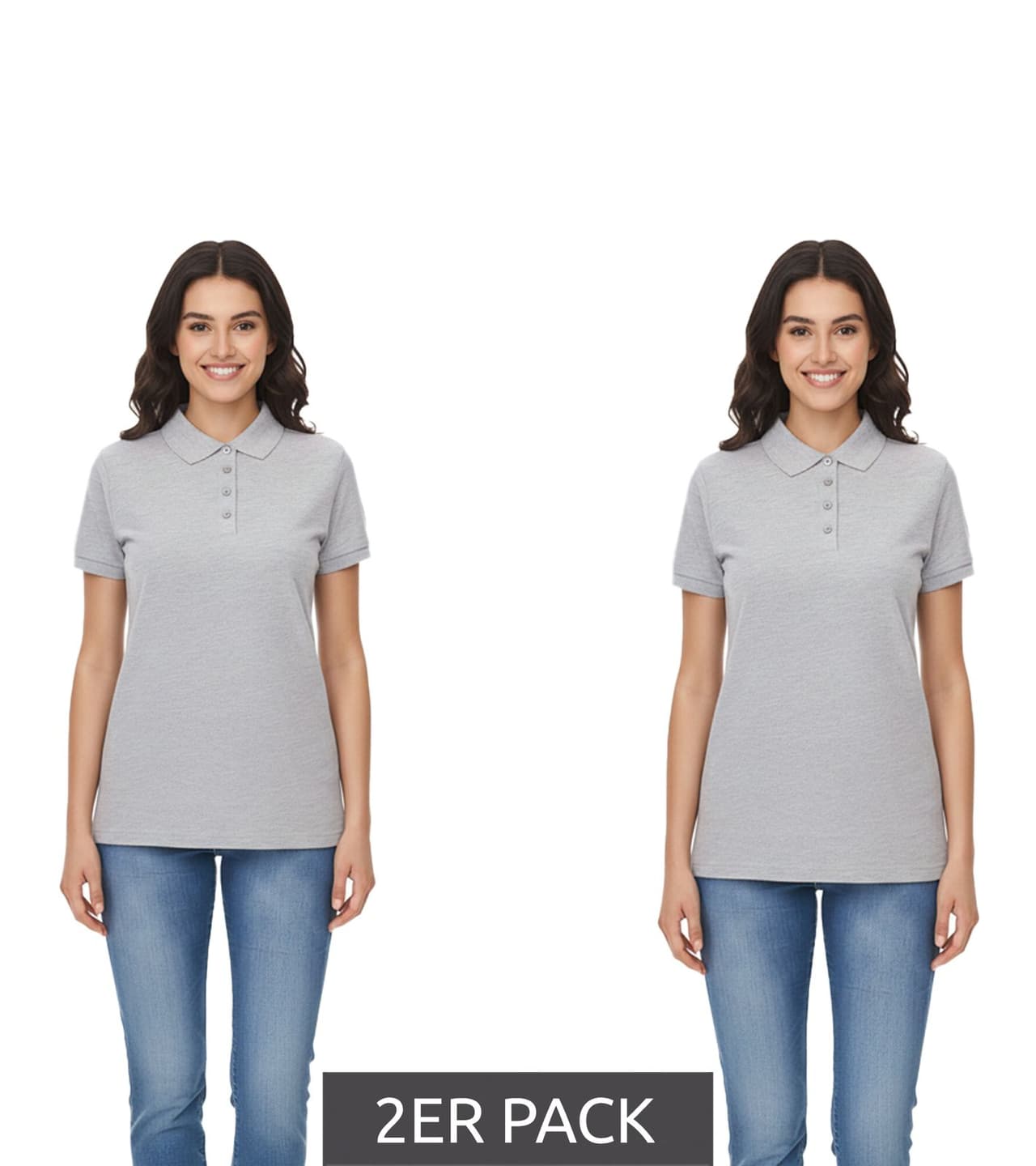 Santino Pack de 2 polos de mujer Mika confeccionados en algodón orgánico. Camisa polo con tapeta de 4 botones. Camisa de manga corta jaspeada 210 gr/m2. Gris.
