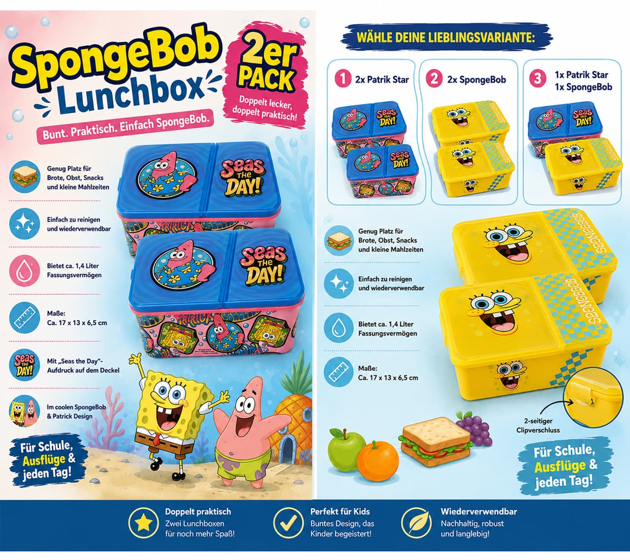 nickelodeon Paquete de 2 loncheras de Bob Esponja, ideales para guardar pan, con capacidad aproximada de 1.4 litros, disponibles con diseño de Patricio Estrella en rosa/azul o de Bob Esponja en amarillo.