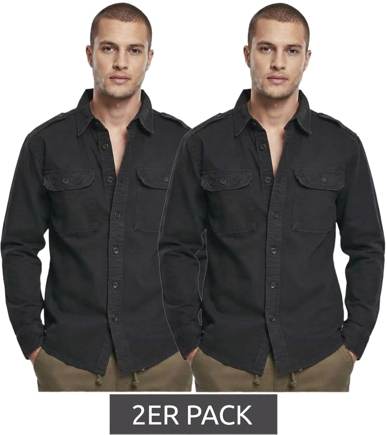Build Your Brand Pack de 2 camisas clásicas de manga larga vintage para hombre con efecto desgastado, B9373, color negro