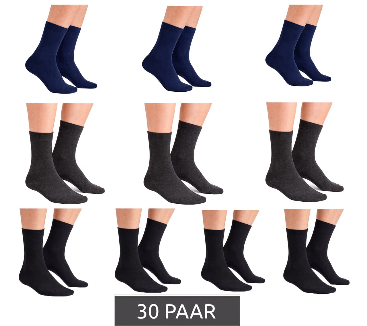 Cappuccino Italia Calcetines transpirables de bambú para hombre y mujer (30 pares), ideales para el día a día o para uso casual (11685) en negro, azul oscuro y gris