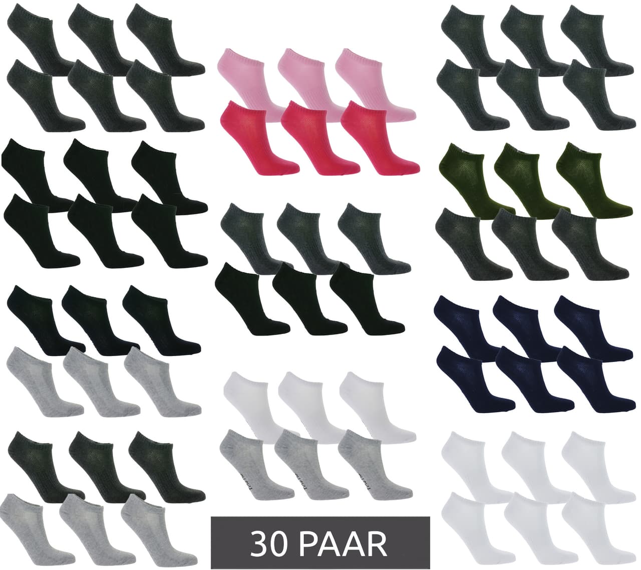 Tastiq 30 pares de calcetines para mujer, niños, zapatillas deportivas y calcetines sencillos de algodón en caja de regalo. Disponibles en gris, negro, blanco, azul, verde o rosa.