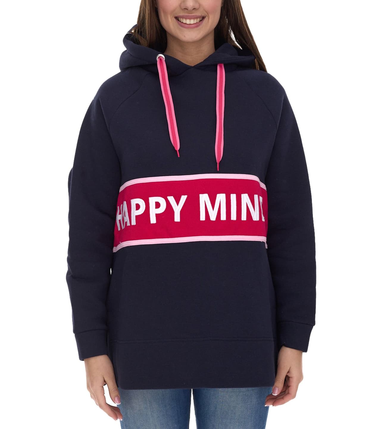 Zwillingsherz Beate Hoodie sudadera con capucha para mujer con texto integral HAPPY MIND jersey de algodón azul oscuro