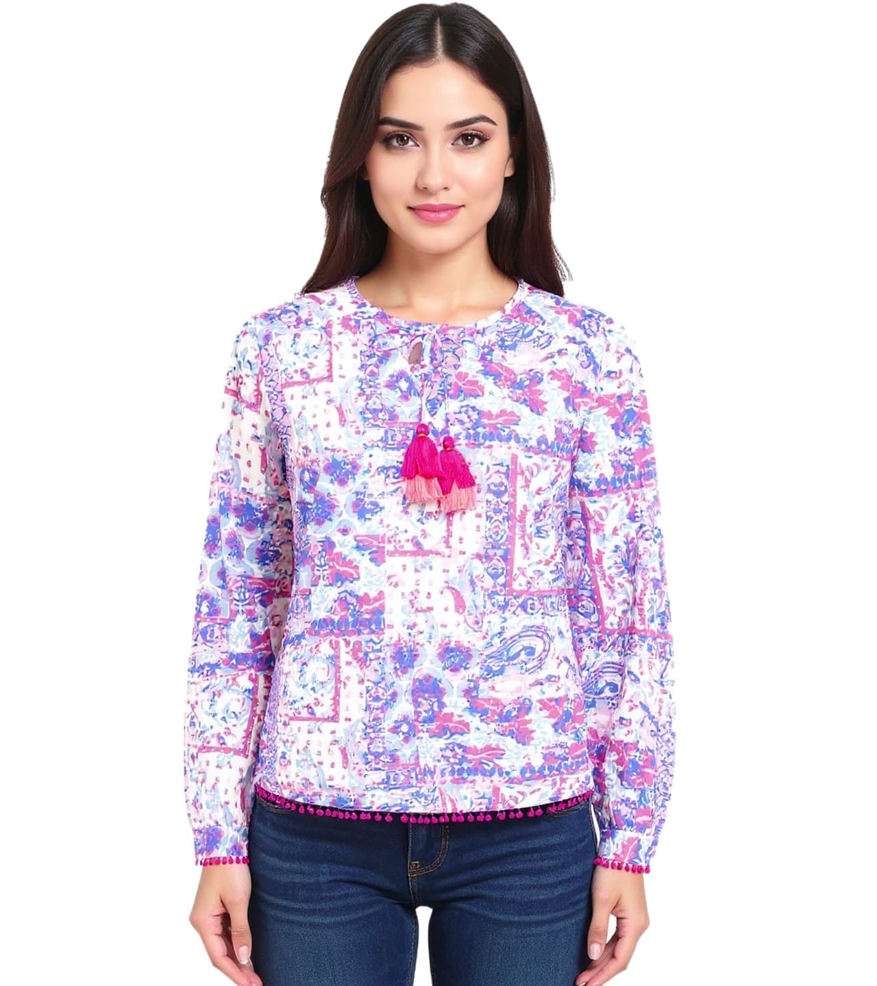Zwillingsherz Blusa de verano para mujer con estampado paisley integral Azul/Rosa/Blanco