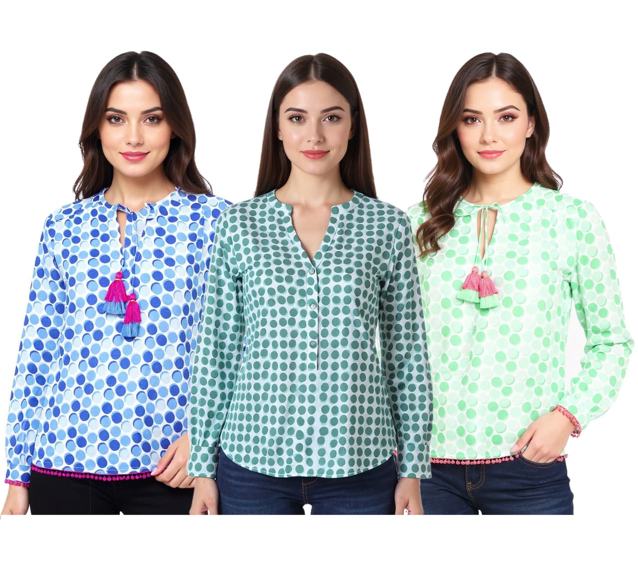 Zwillingsherz Blusa de verano para mujer con estampado de lunares, tipo túnica, con o sin borlas, en verde o azul