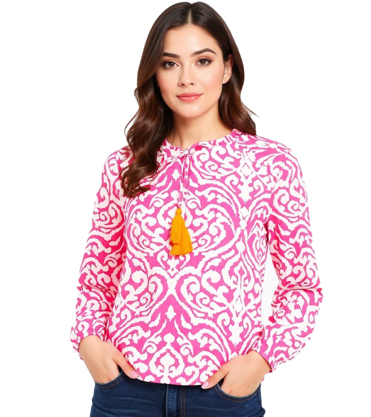 Zwillingsherz Blusa tipo túnica de verano con borlas Ornaments para mujer Naranja/Blanco/Rosa