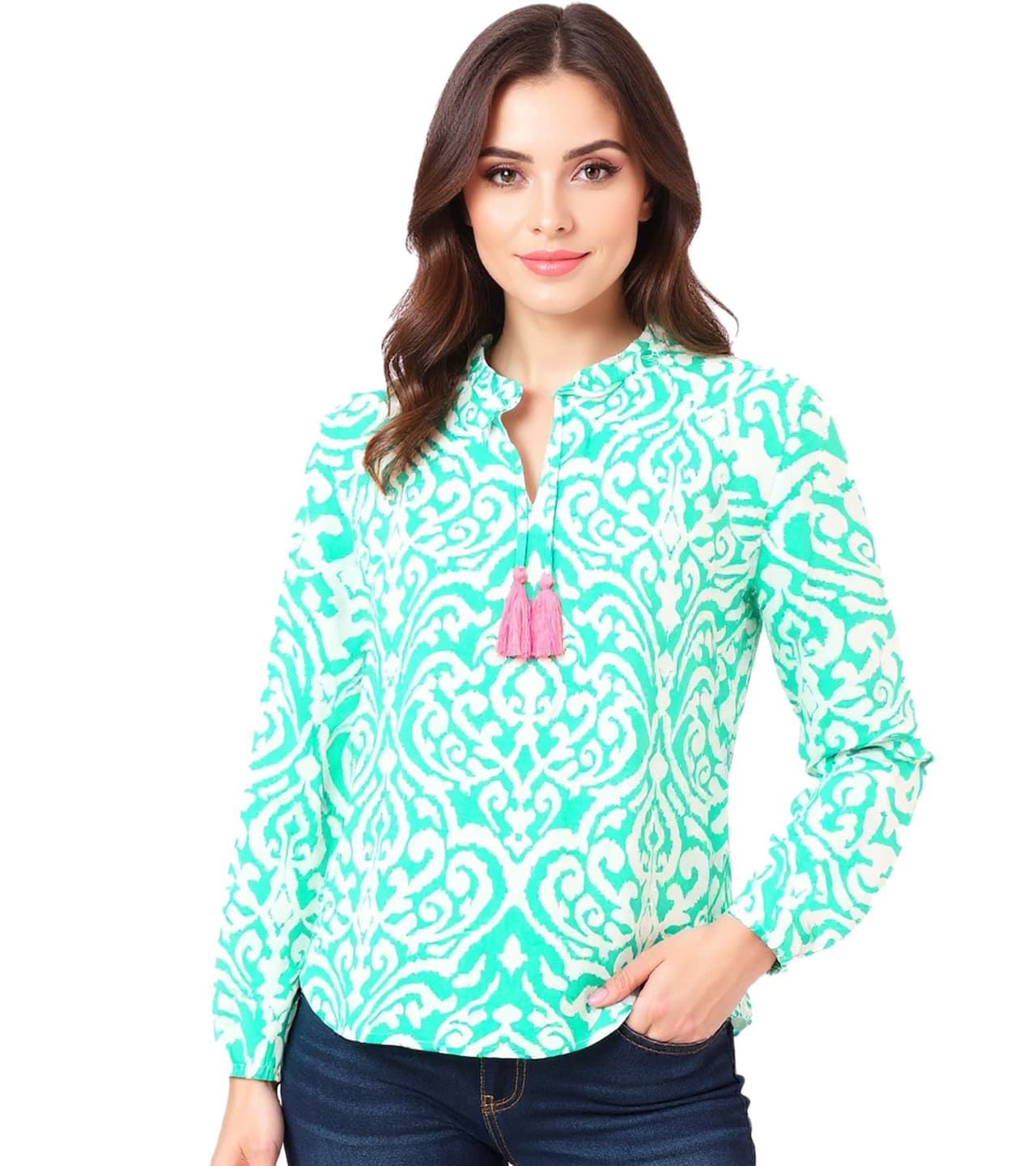 Zwillingsherz Blusa tipo túnica de verano con borlas Ornaments para mujer Verde/Blanco/Rosa