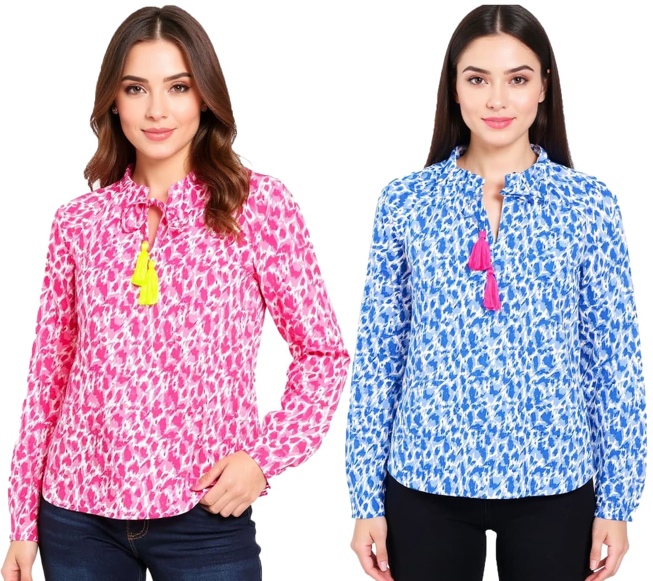 Zwillingsherz Blusa de verano para mujer "Leopardo Colorido" con estampado de leopardo Azul/Rosa o Rosa/Amarillo/Blanco