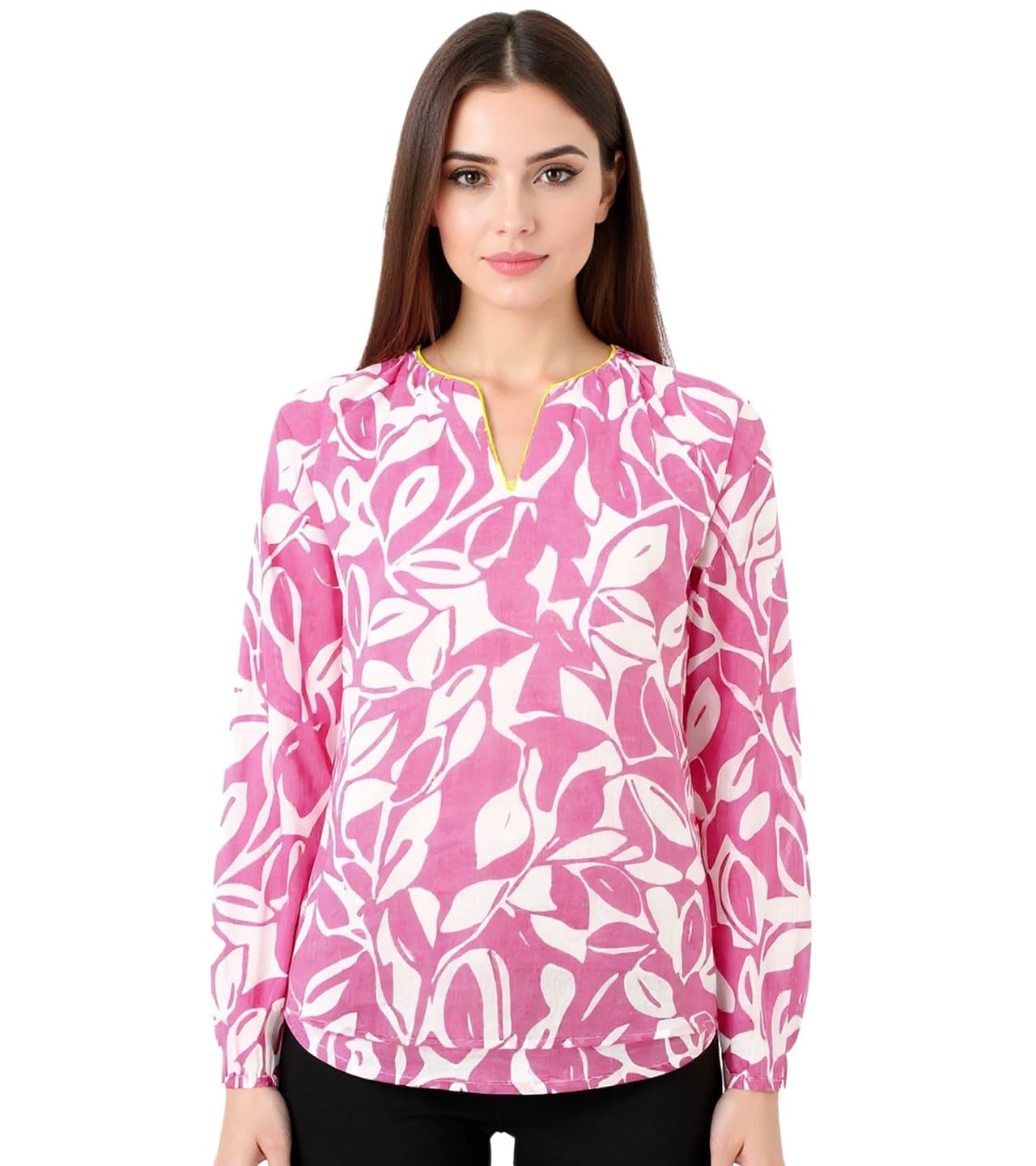 Zwillingsherz Blusa de verano para mujer, con estampado de hojas, de algodón, manga larga, 33229-13, rosa/blanco/amarillo