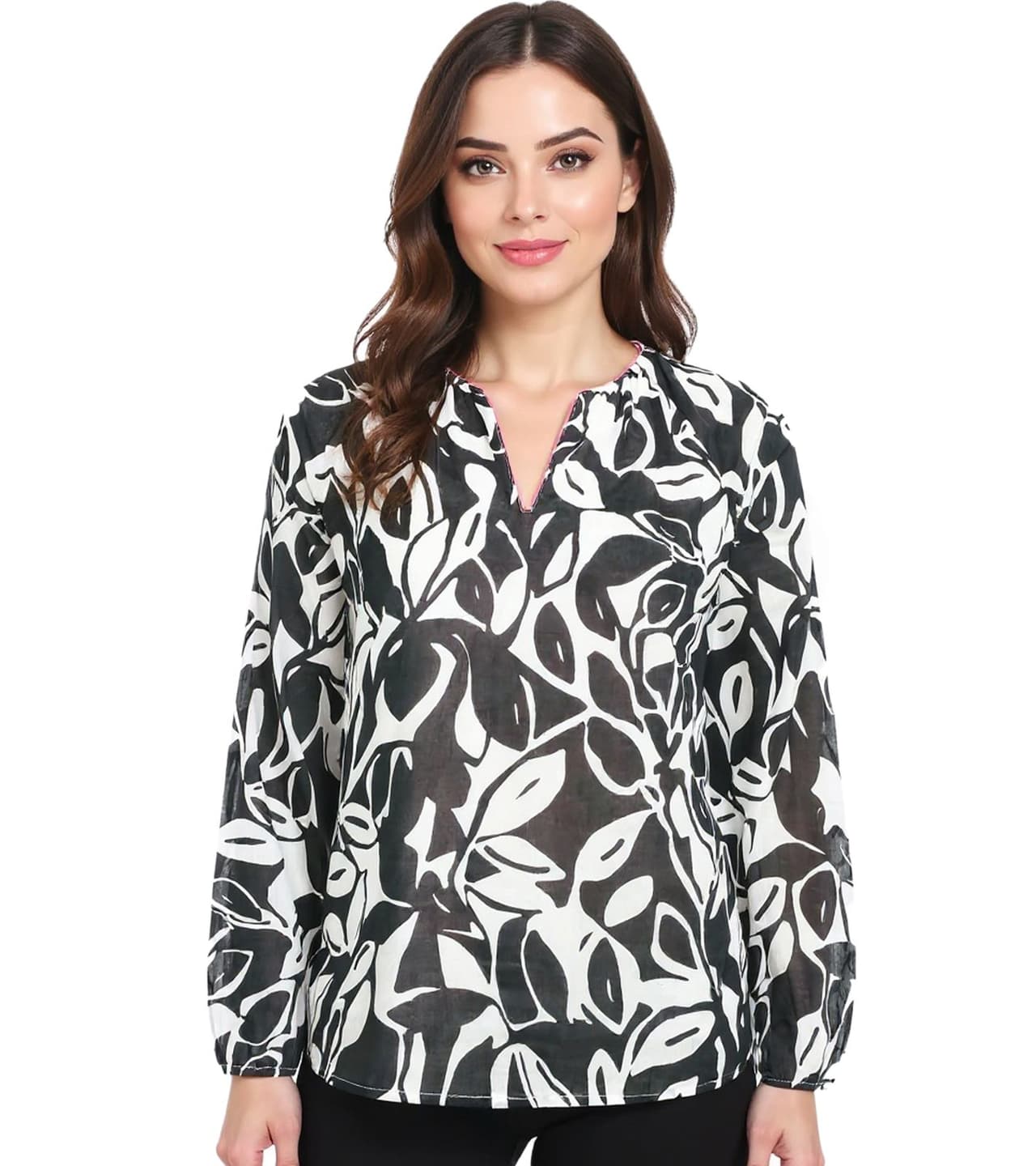 Zwillingsherz Blusa de verano para mujer, con estampado de hojas, de algodón, manga larga 33229-3, blanco/negro/rosa