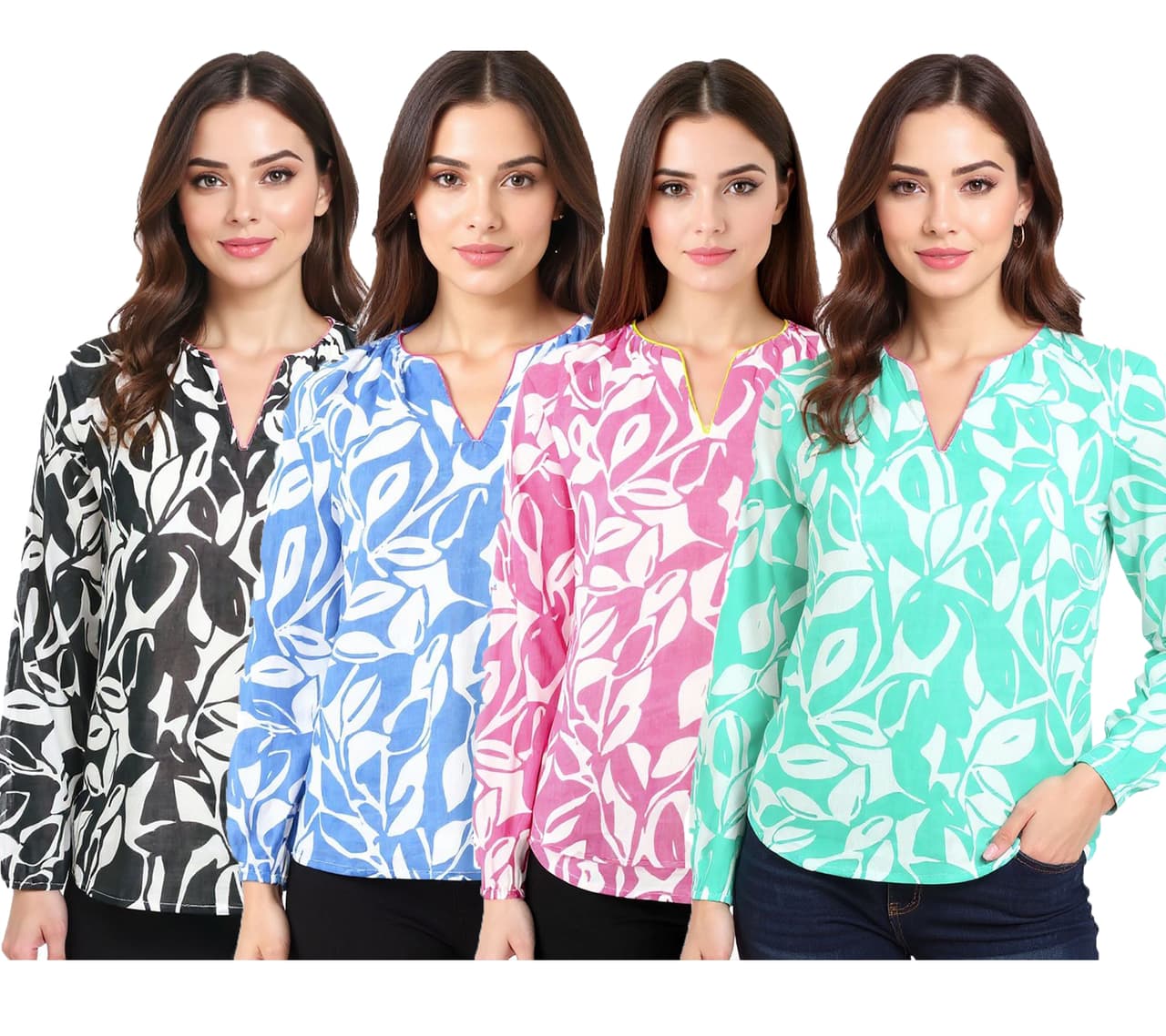 Zwillingsherz Blusa de verano para mujer con estampado de hojas, camisa de algodón de manga larga 33229, verde, negro, rosa o azul