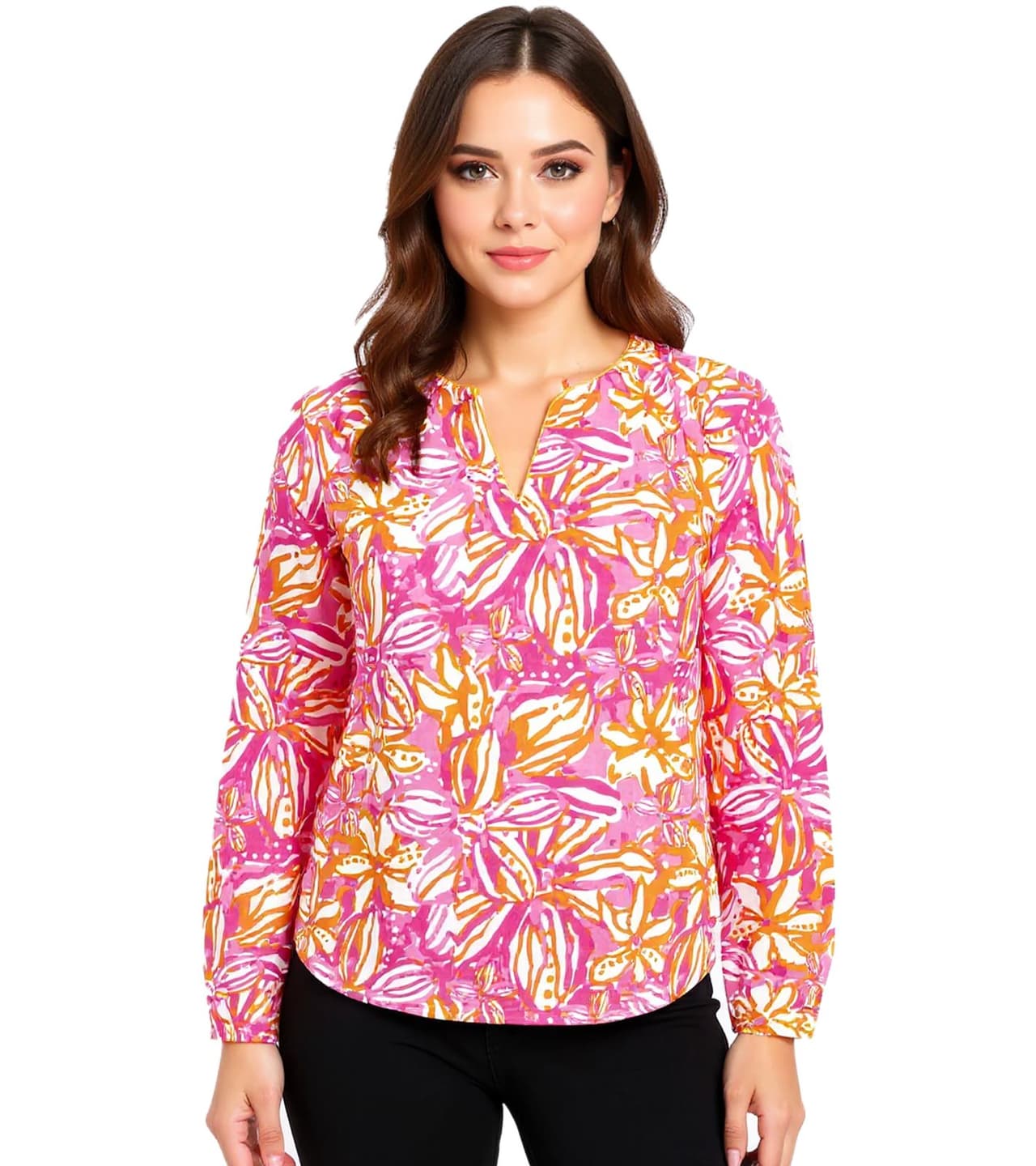 Zwillingsherz Blusa de verano para mujer con estampado llamativo, camisa de manga larga de algodón blanco/naranja/rosa