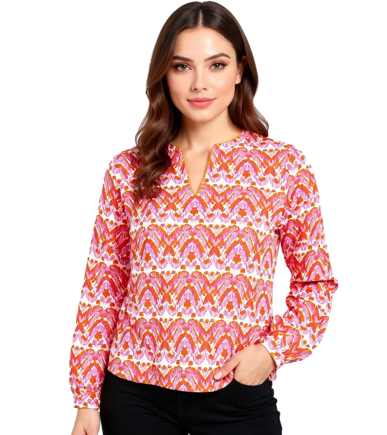 Zwillingsherz Blusa tipo túnica de verano para mujer con adornos Naranja/Rosa/Blanco