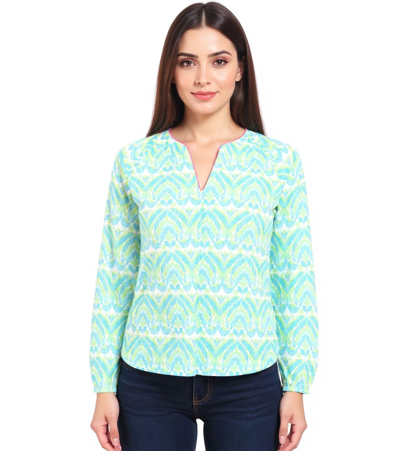 Zwillingsherz Blusa de algodón para mujer blusa de verano, túnica, Verde/Blanco/Azul