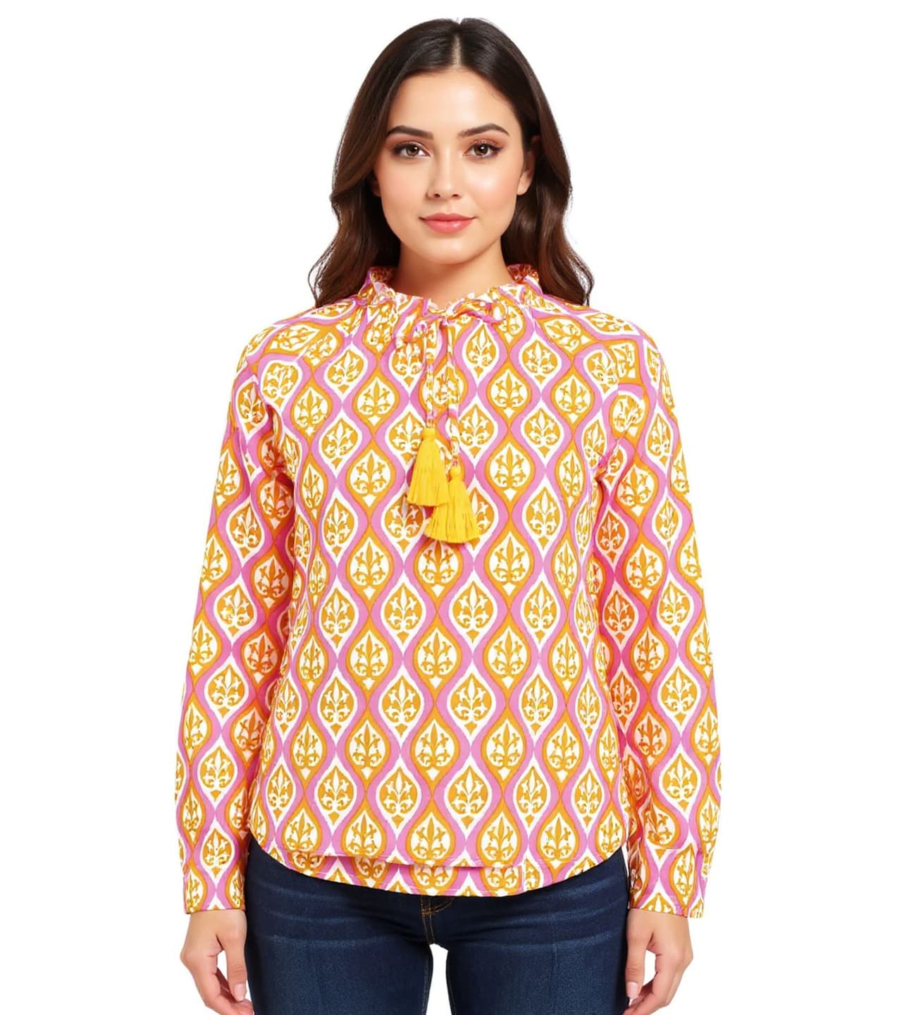 Zwillingsherz Blusa de verano de algodón para mujer con estampado de vides ovaladas Naranja/Rosa