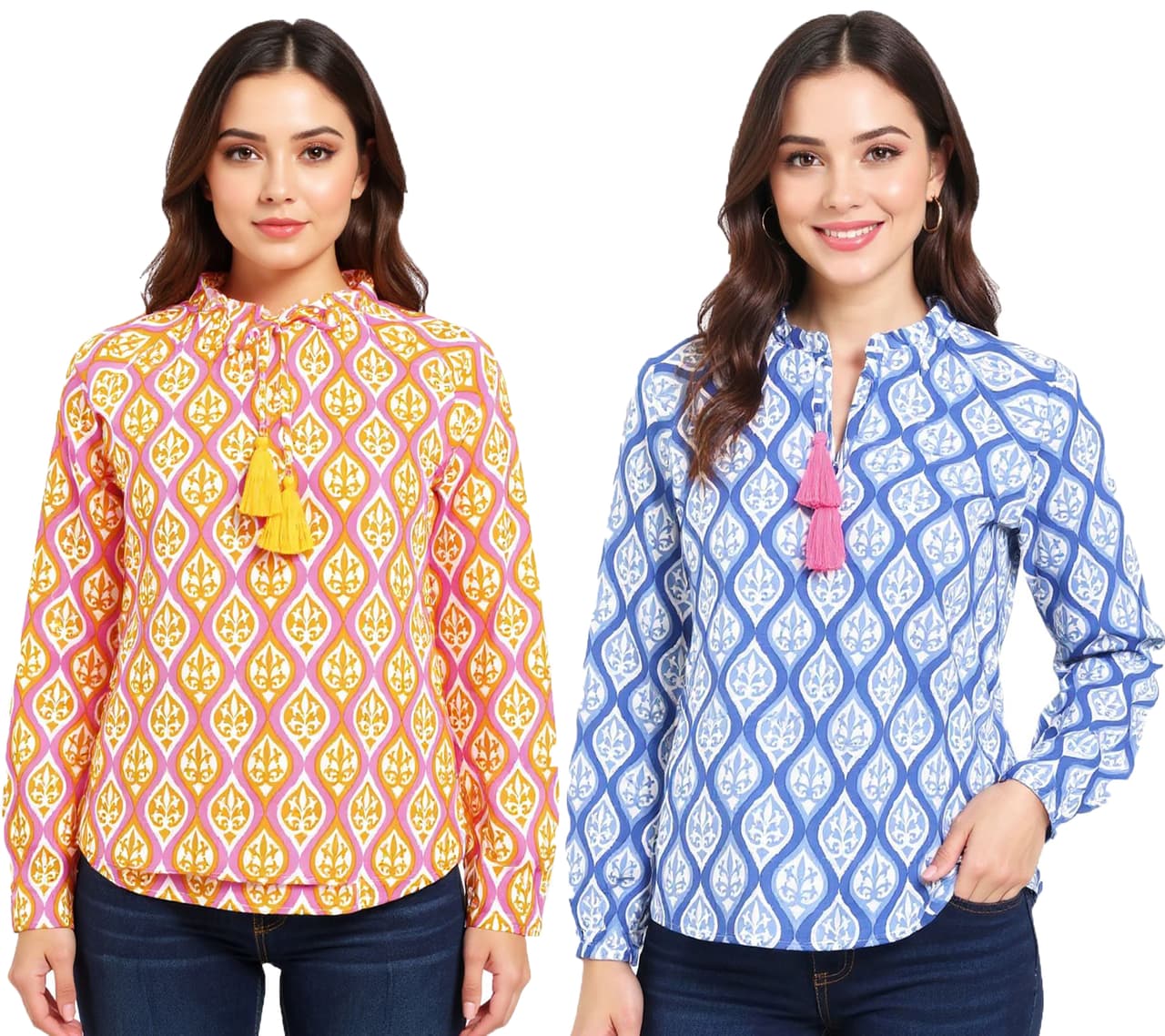 Zwillingsherz Blusa de verano de algodón para mujer con estampado de enredadera ovalada Naranja/Rosa o Azul/Blanco/Rosa